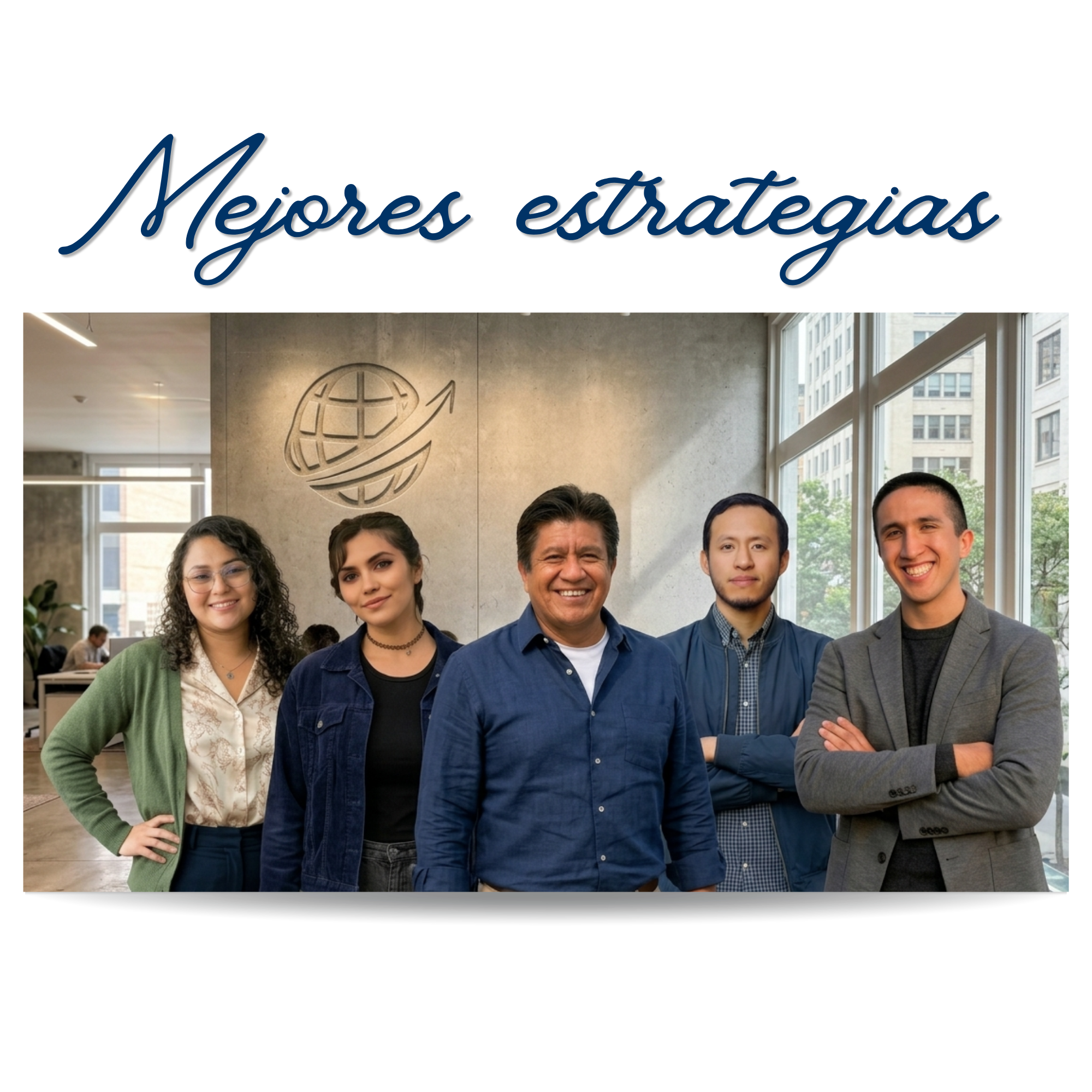 Un grupo de cinco personas sonriendo en una oficina moderna, con ventanas grandes y un logotipo de mundo en la pared atrás.