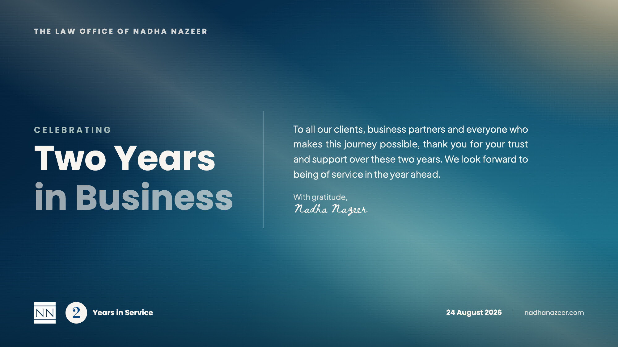 The Law Office of Nadha Nazeer, a business and tax law practice in the Maldives, celebrating two years in business.