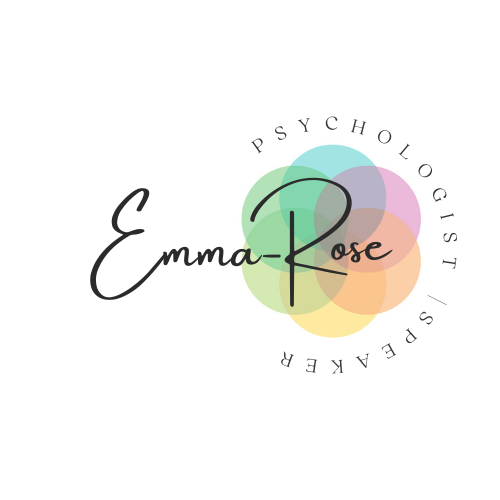 Logo for Emma-Kose, a psychologist and speaker, featuring colorful overlapping circles in pastel shades surrounding the name and title.