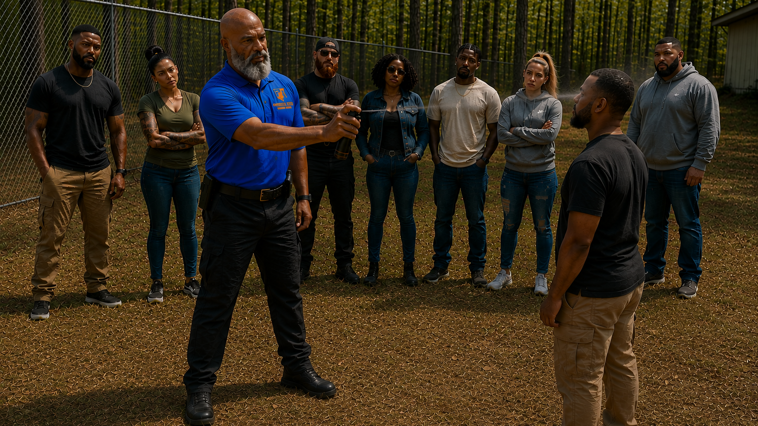 A diverse group of nine people standing outdoors in a wooded area near a chain-link fence. Two men are facing each other in conversation, one older with a beard holding a crowd control caninster, and the other younger with a beard and crossed arms.