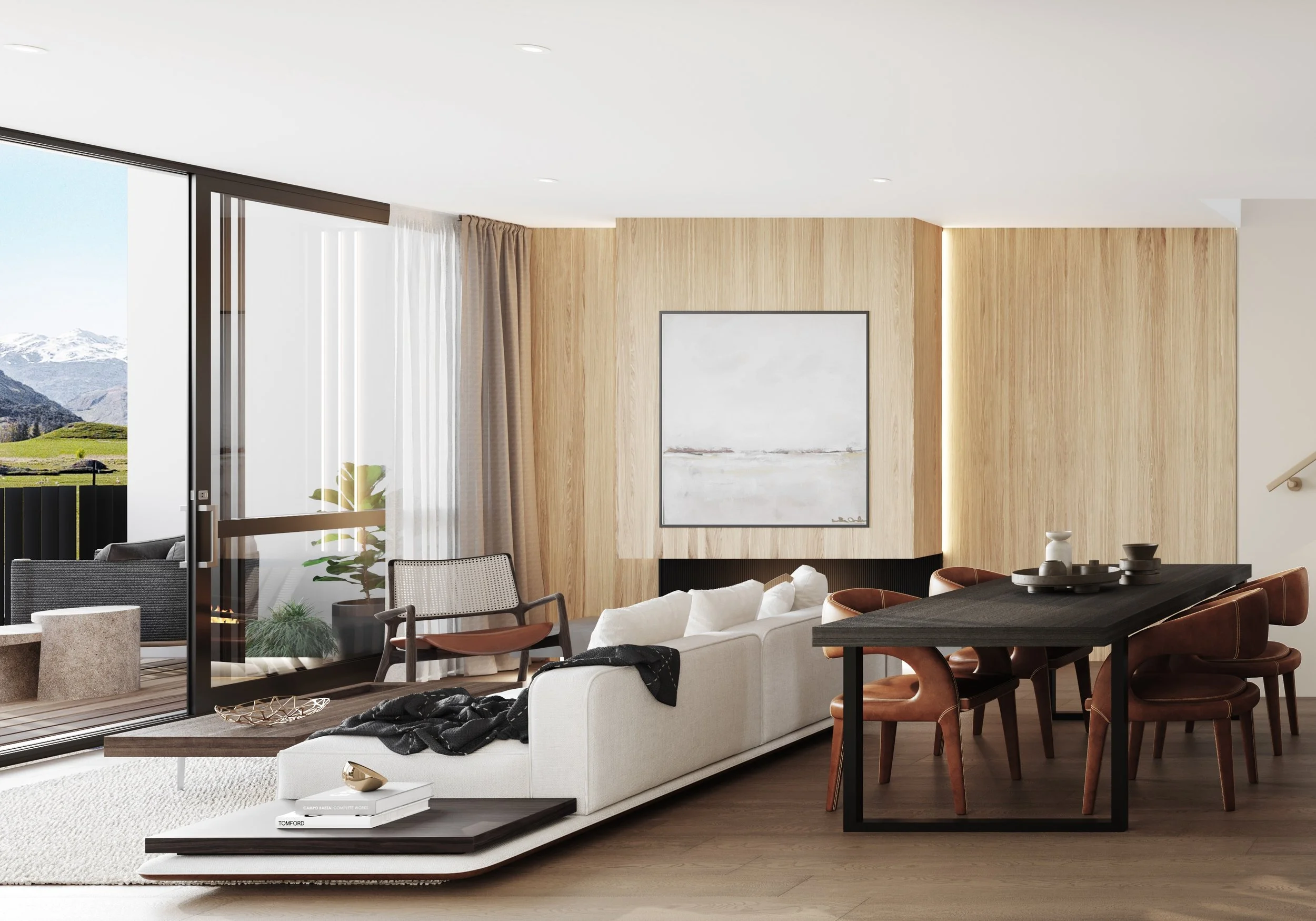 Modern living room and dining area with large windows, wooden walls, white sofa, dark dining table, and brown chairs.