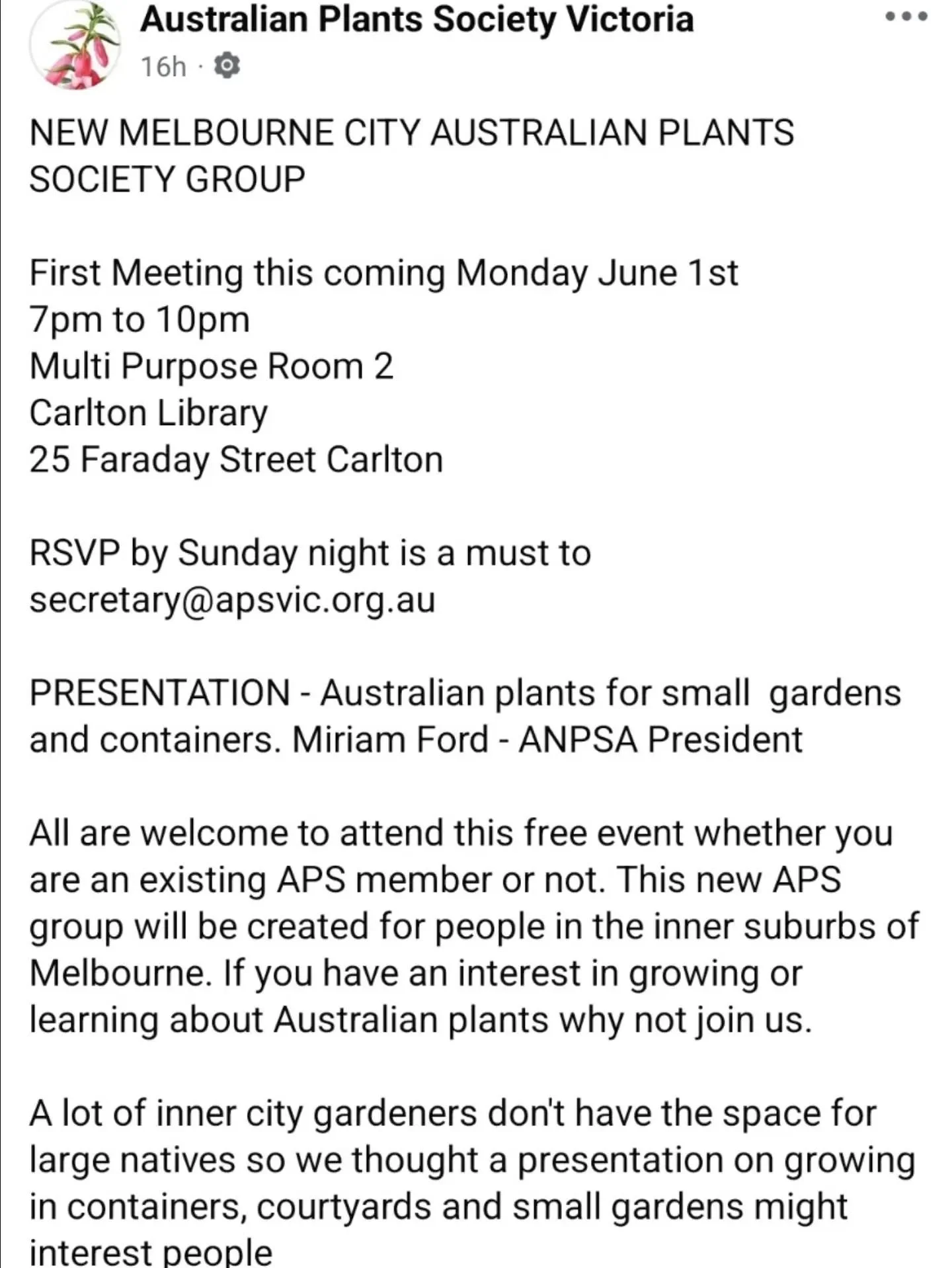 There's a new Australian Plants Society kid on the block!!!! Thanks to the efforts of a few legends, the Melbourne City group is being revived.

If this is your local, get down to Carlton library on Monday night. Hang out with fellow humans who love 