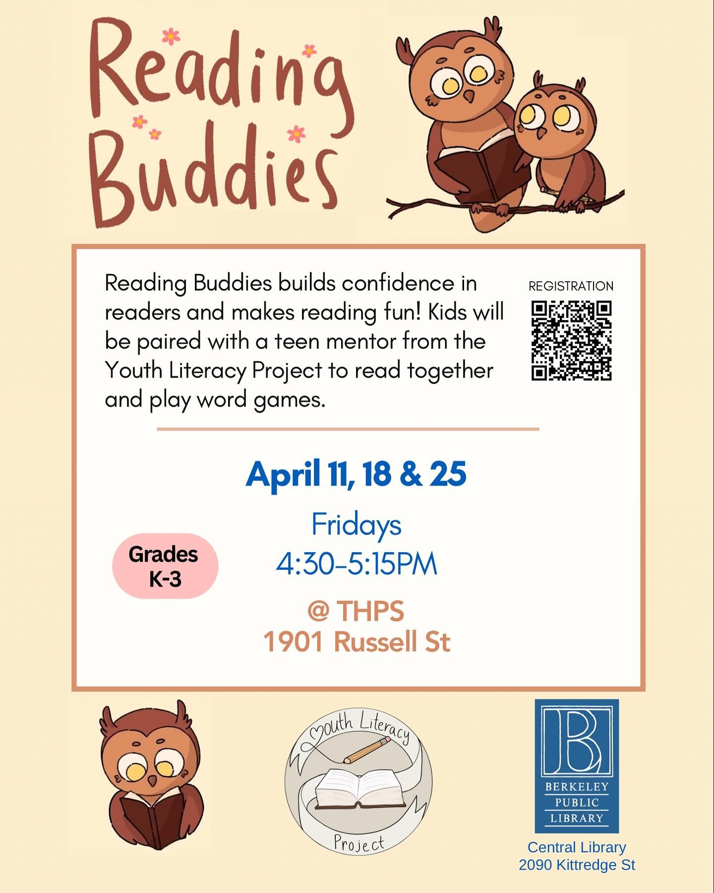 April dates for reading buddies are out! Sessions are located at the South Branch library. Sign up to have your kid read to a teen through the Berkeley Public Library website! 

https://berkeleypubliclibrary.libnet.info/event/13167674