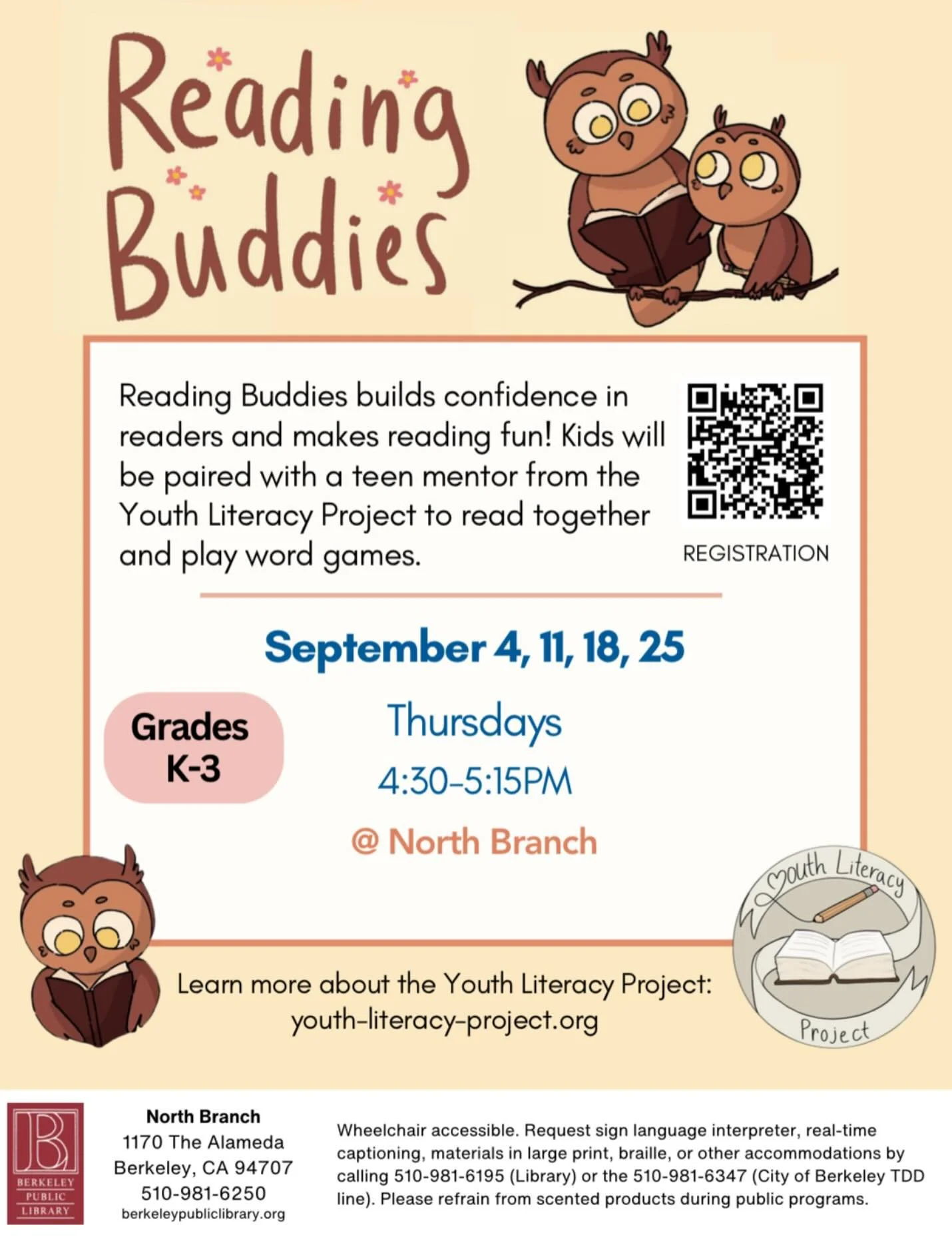 Our reading buddies program is returning to the North Branch Library in September! Sign up today to have your child practice their reading skills with a teen mentor!