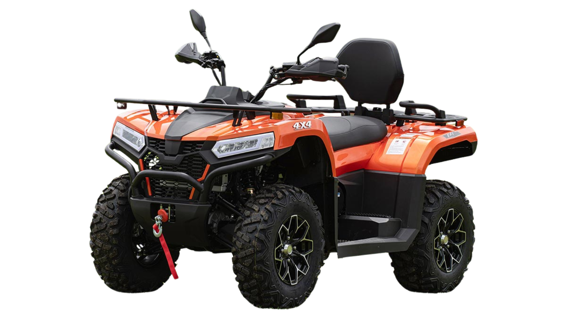 Orange all-terrain utility vehicle with black accents, four large rugged tires, and multiple mirrors.
