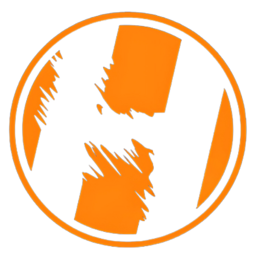 A circular orange and black logo featuring a stylized mushroom cloud with jagged edges.