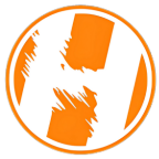 Close-up of an orange and white circular logo with stylized, abstract shapes.