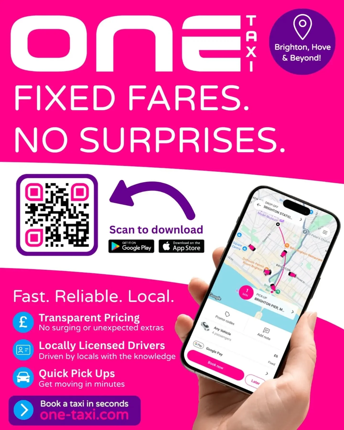 FIXED FARES. NO SURPRISES.

Need a taxi in Brighton, Hove or beyond? Choose One Taxi for fast, reliable local journeys with fixed fares and no surge pricing.

✅&nbsp;Fixed fares &ndash; know what you&rsquo;ll pay
✅&nbsp;No surge pricing &ndash; no un