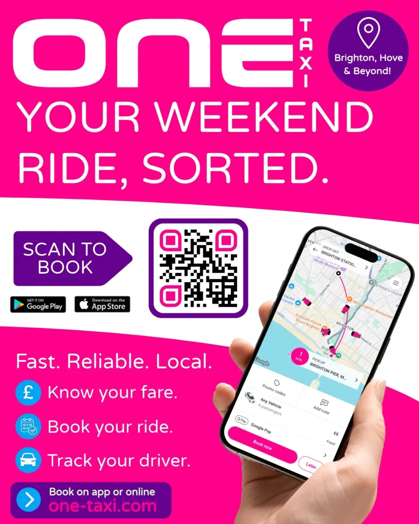 🚕 YOUR WEEKEND RIDE, SORTED. 💗

Heading out in Brighton, Hove or beyond? Make getting home one less thing to think about.

📱 Book in seconds with the One Taxi app
💷 Know your fare before you ride
🚕 Local licensed drivers
📍 Track your ride &amp;