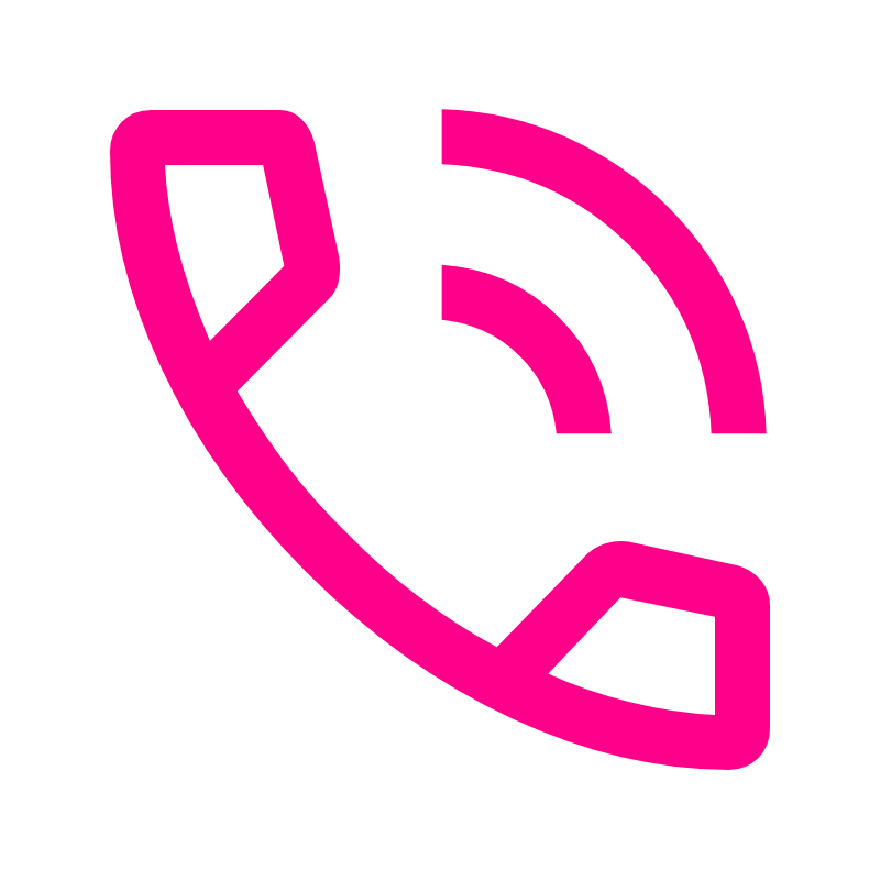 Pink outline of a traditional telephone handset with Wi-Fi signal lines above it.