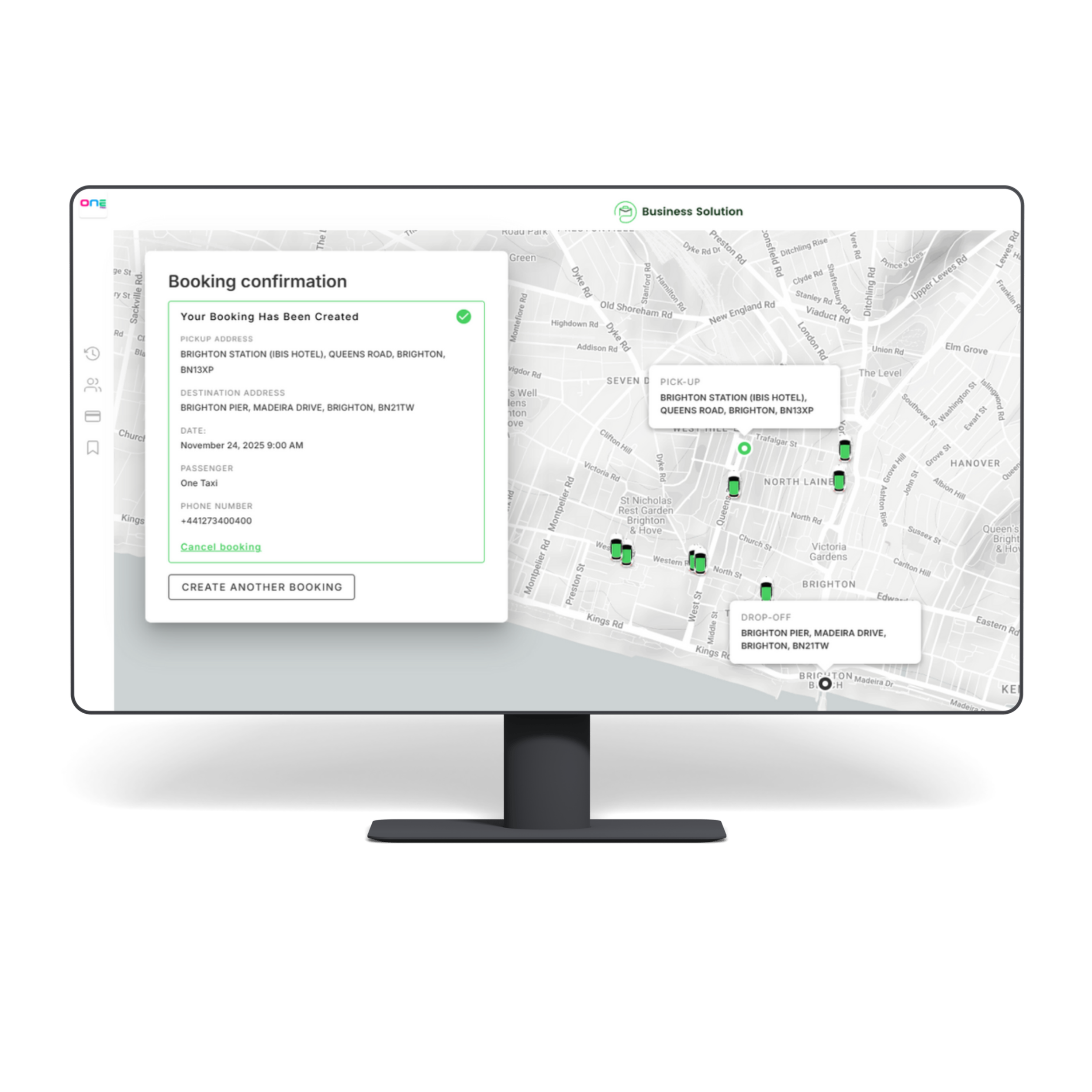 Digital taxi booking interface with a map showing pickup and drop-off locations in Brighton, displaying booking details like address, date, and phone number.