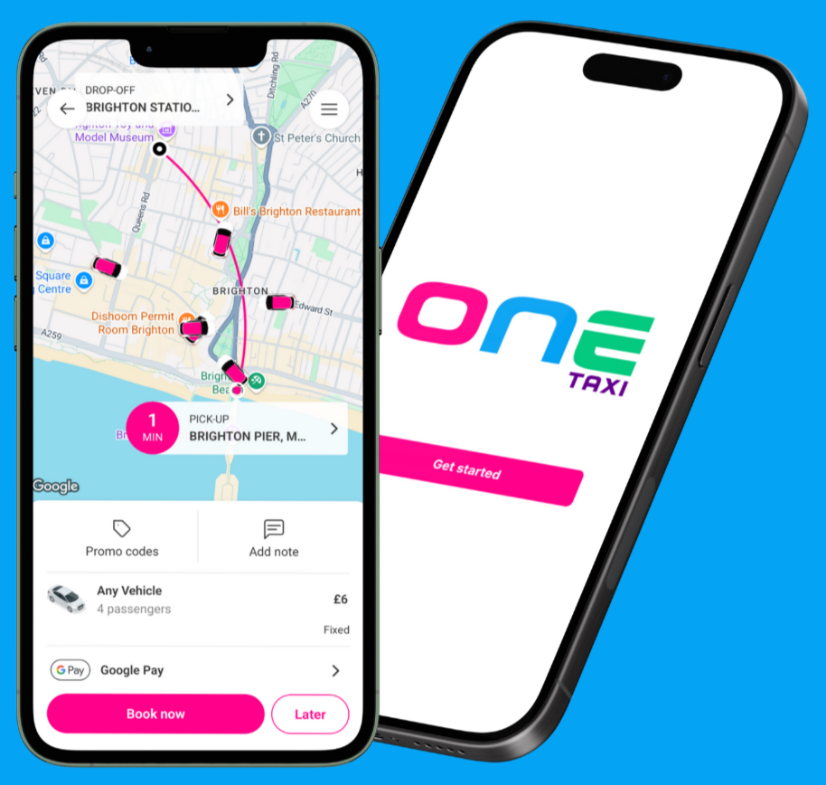 Two smartphones showing a taxi app interface. The phone on the left displays a map with a route from Brighton Pier with a taxi icon and a 'Book now' button. The phone on the right has the app's startup screen with a pink and green logo and a 'Get started' button.