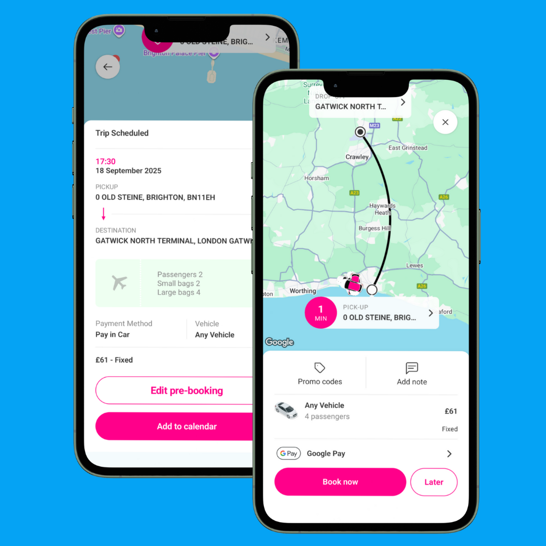 Screenshots of a ride-hailing app showing trip details, scheduled for September 18, 2025, from Brighton to Gatwick North Terminal, with an estimated pickup time of 1 minute, and options to pay with Google Pay and book a ride.