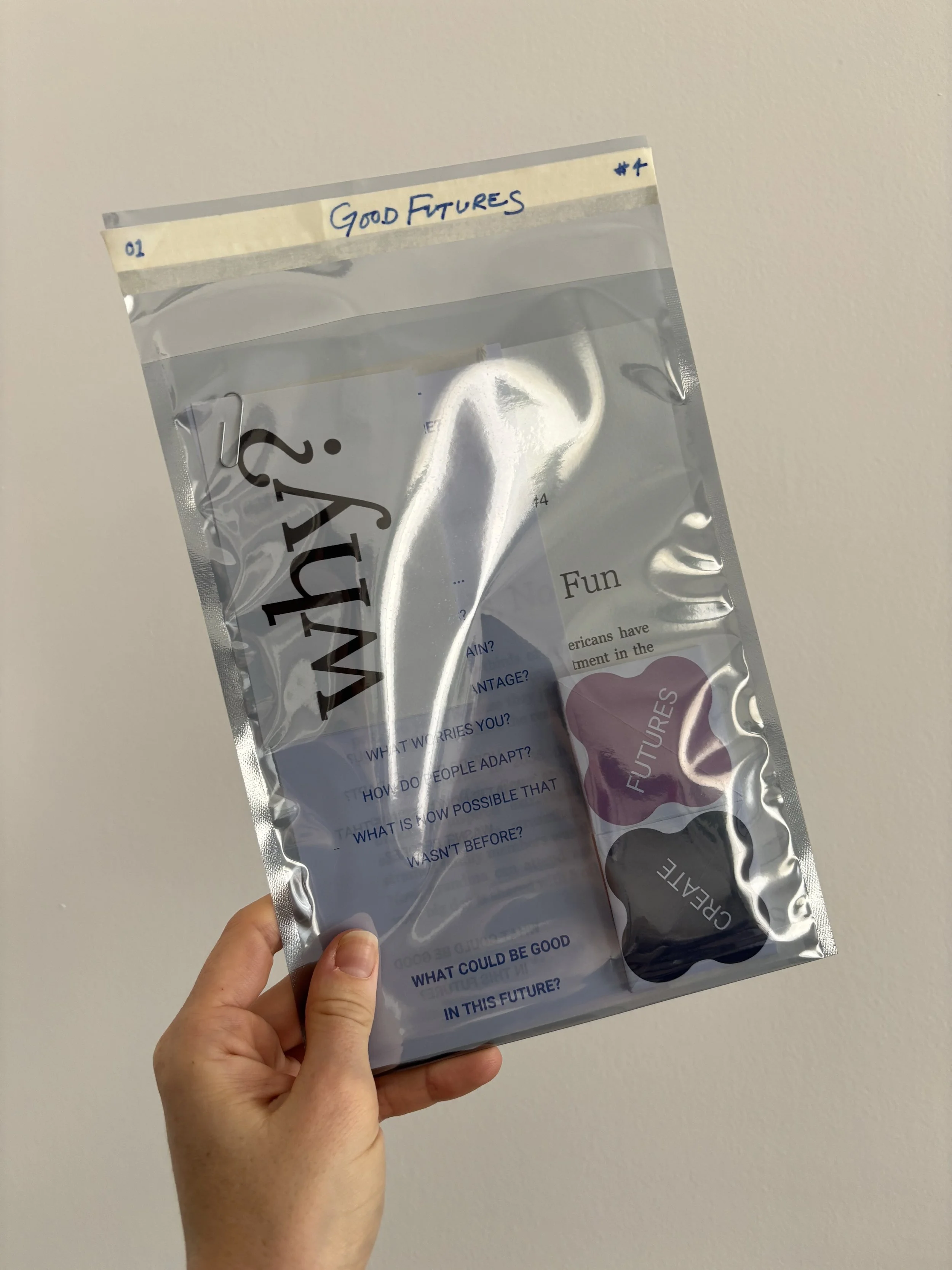 A hand holding a metallic, transparent bag with questions printed on it and a label at the top reading 'Good Futures'.