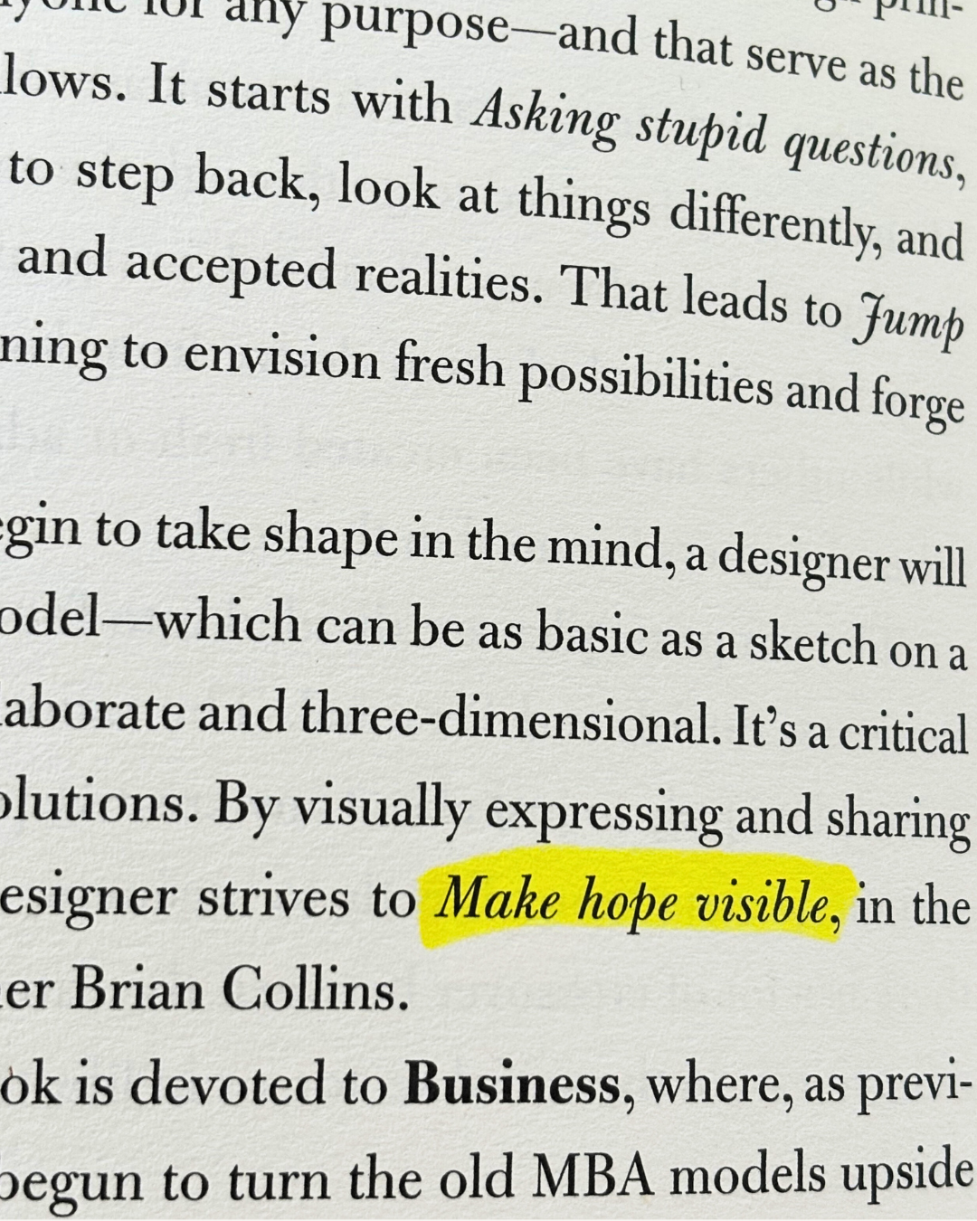 A page of a book with a highlighted phrase 'Make hope visible,' in yellow. The text discusses visual expression and sharing ideas.