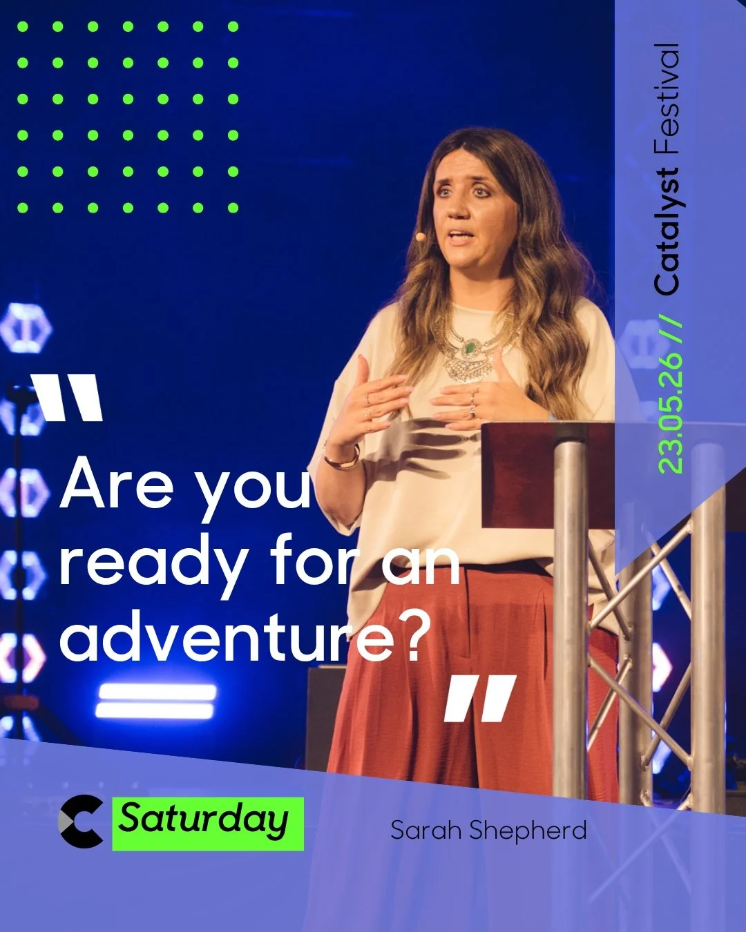 In the main meeting on Saturday evening, we heard from Sarah Shepherd speaking about three different invitations from Jesus to us.

Are you ready for an adventure with Him?

#catalystfestival26
