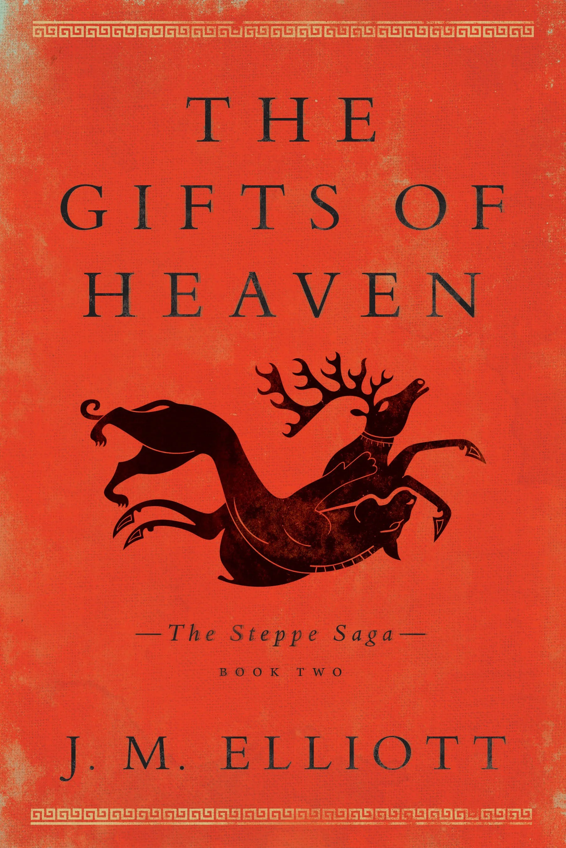 The cover of a book titled 'The Gits of Heaven' by J. M. Elliott, labeled as volume two of The Steppe Saga. The background has a textured, weathered appearance, and there is a silhouette of a bird perched on the letter 'T' in the title.