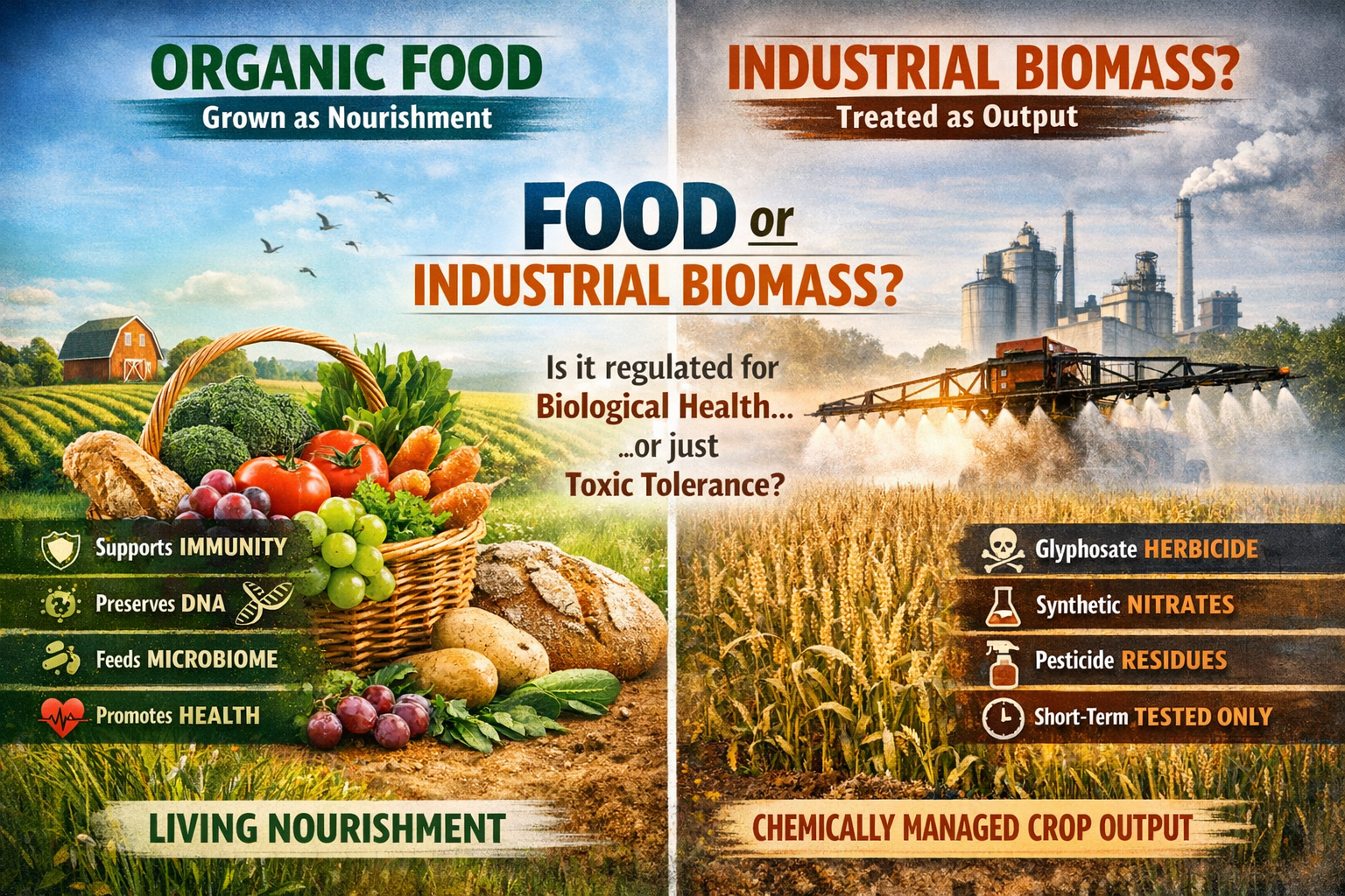 Comparison of organic food and industrial biomass. Left side shows a lush farm with vegetables and fruits labeled with benefits like supporting immunity, preserving DNA, feeding microbiome, and promoting health, emphasizing living nourishment. Right side shows industrial crop fields with factory in background labeled with hazards like glyphosate herbicide, synthetic nitrates, pesticide residues, and short-term testing, emphasizing chemically managed crop output.