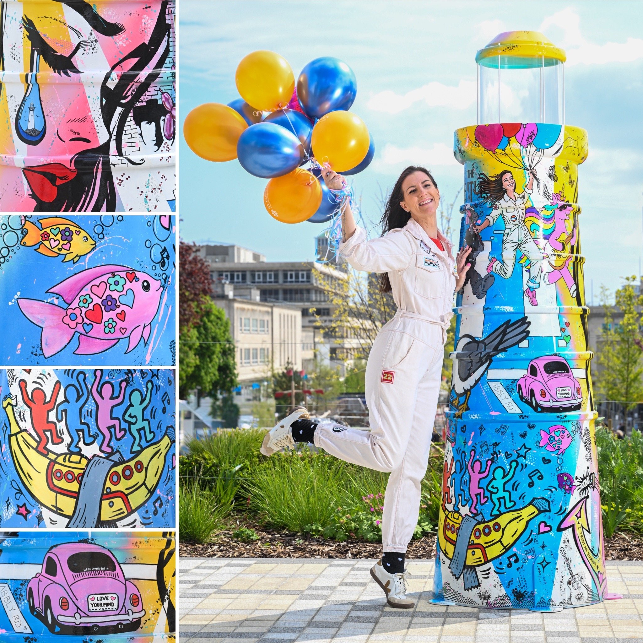 "The Beautiful Mind Artist" Emelie Susie showing her artwork for the lighthouse designed for the Guiding Lights sculpture trail around Plymouth.