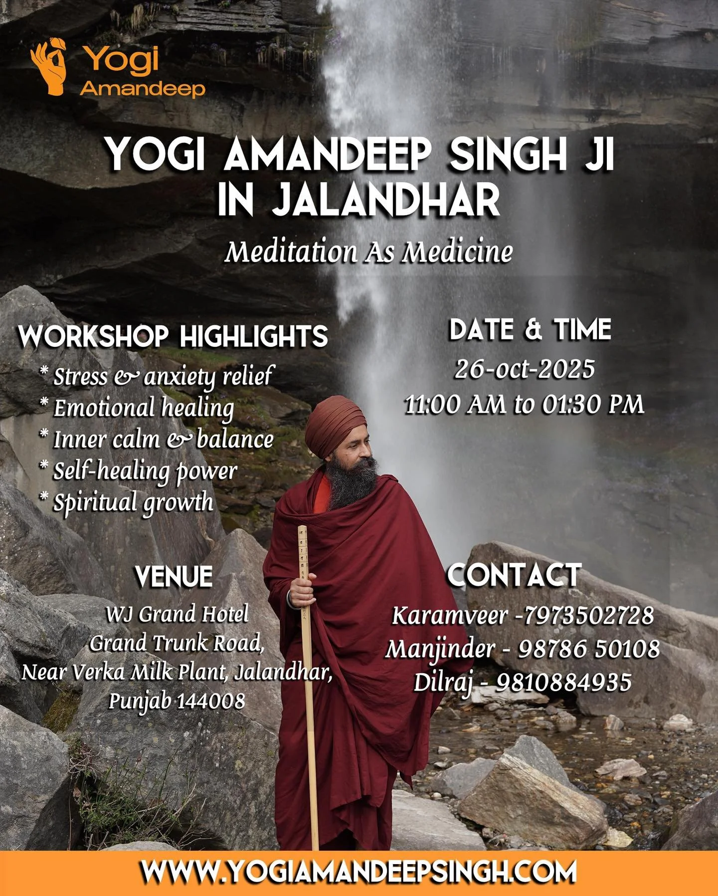 MEDITATION AS MEDICINE🕊️
Yogi Amandeep in Jalandhar 

👉 &ldquo;If you are experiencing pain or suffering of any kind, that just won&rsquo;t stop. This is for you.&rdquo;

A special workshop designed to:
✨ Release your unwanted thoughts
✨ Recharge y
