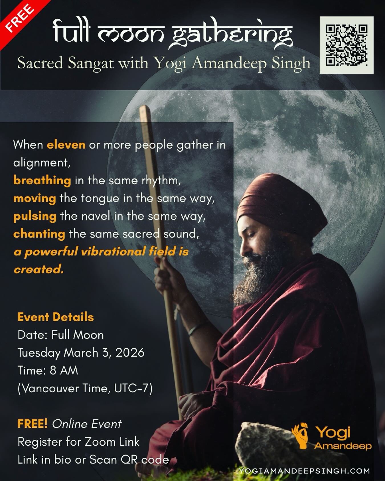 Satsang with a Yogi 
Free Full Moon on line event
Click on the QR code in the pic to register
Or
yogiamandeepsingh.com/full-moon
Or
Link in bio
.
.
.
.
.
#yogi #yoga  #yogiamandeep #sadhna #transformation #mantra #healing #breath
#kundalini #health #