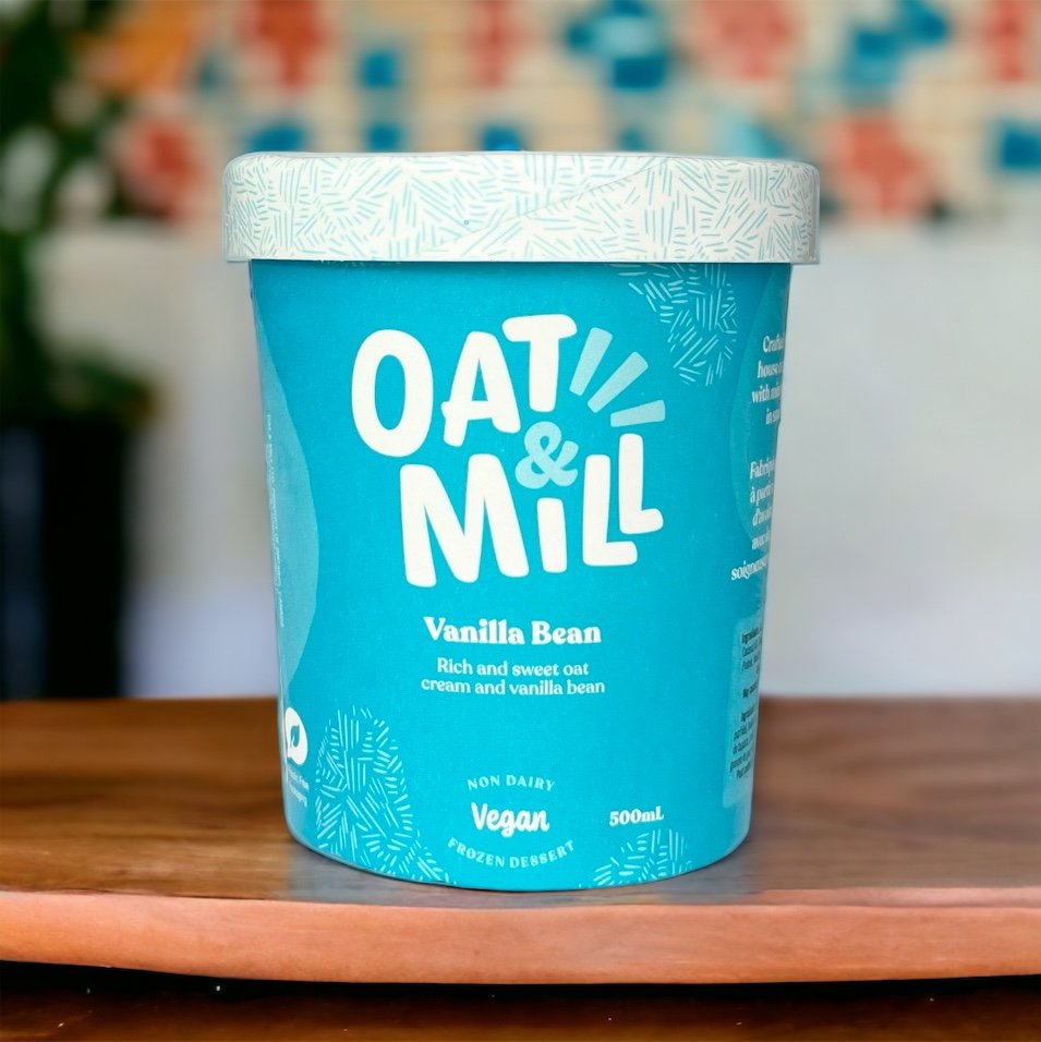 A pint of vanilla bean gelato made with oat milk. Vegan, lactose-free, gluten-free, and kosher, made by a small business