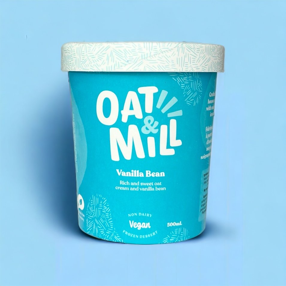 A pint of vanilla bean gelato made with oat milk. Vegan, lactose-free, gluten-free, and kosher, made by a small business
