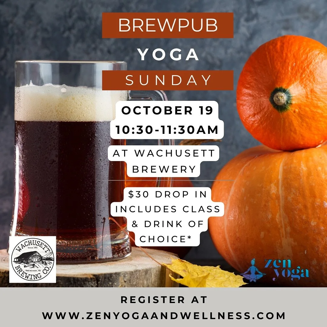Brew Pub Yoga is BACK🍻
After taking the summer off, we&rsquo;re bringing the flow back to Wachusett Brewery on Sunday, October 19 at 10:30 AM!!!

🧘&zwj;♀️ Stretch it out with an all-levels yoga class right in the brewyard
🎃 Sip on your favorite pu