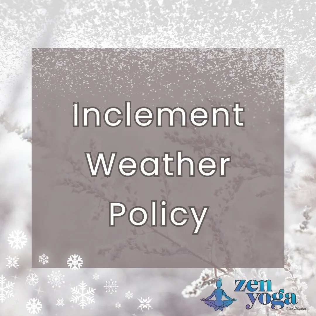❄️ Inclement Weather Policy ❄️
As we transition into the winter months, here&rsquo;s a quick reminder of how we handle snow days at Zen:

📍 Westminster Studio
We generally follow the AWRSD school cancellation policy. 

📍 Orchard Hills Studio
We fol