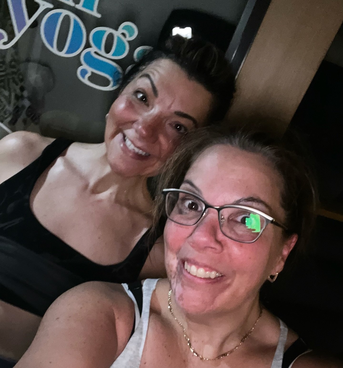 That post&ndash;hot yoga glow, thank you Mike for a great class✨

Equal parts sweat, strength &amp; laughing through it together!! 

Hot yoga hits different when your bestie is on the mat next to you 🤍

Who&rsquo;s your ride or die yoga partner?