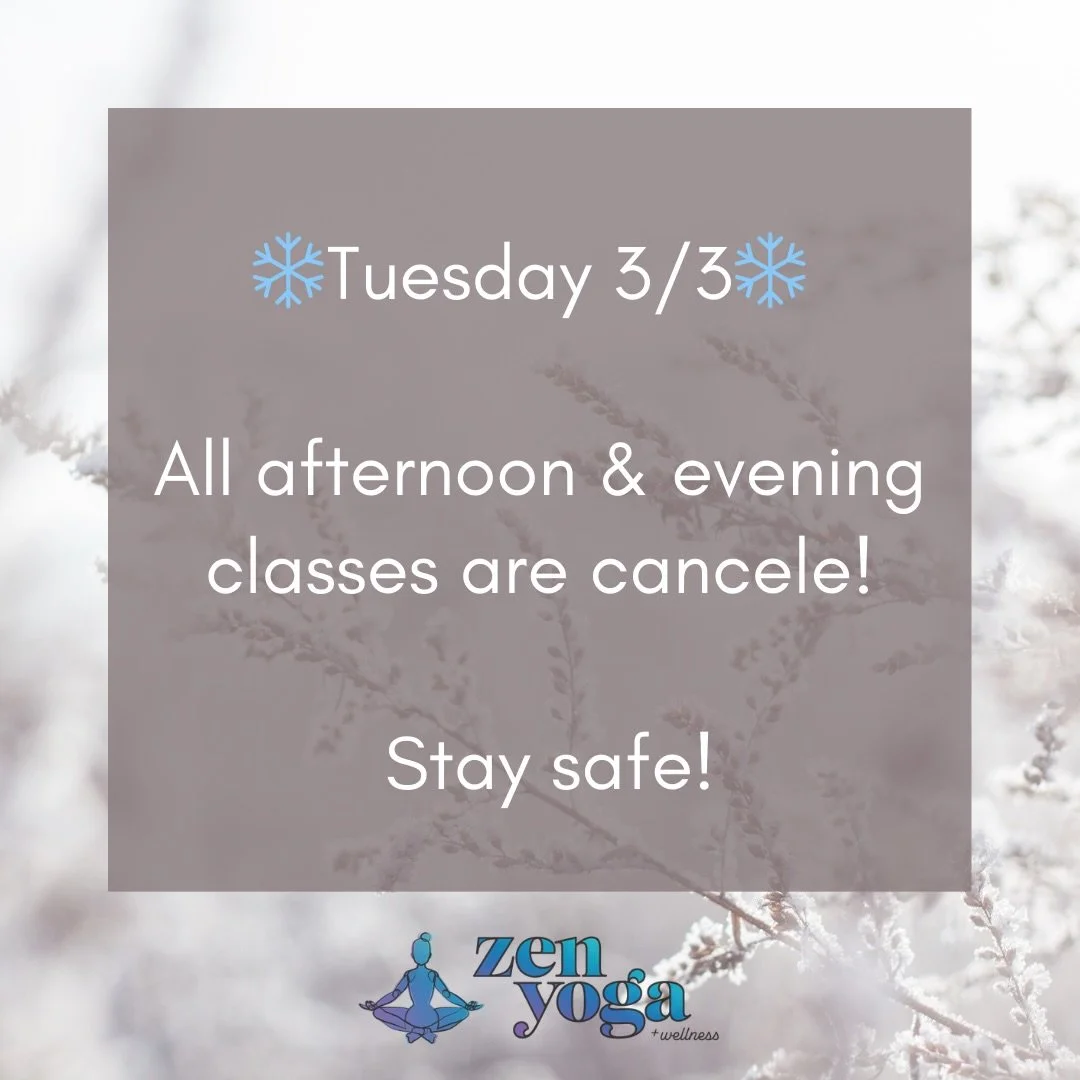 All afternoon and evening classes are canceled at both locations that due to the weather and road conditions. Drive carefully and be safe! We look forward to seeing you on the mat tomorrow!

If you are registered for Timea or Jenna&rsquo;s 6 AM class
