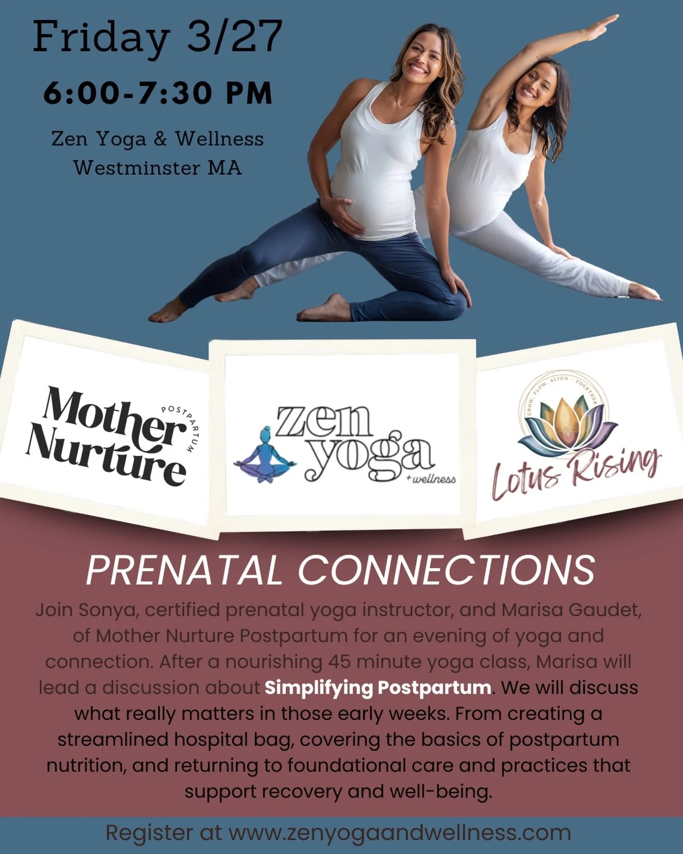 Our Prenatal Connections series was created to bring expecting moms together for movement, support and meaningful conversation.

Each session includes a gentle prenatal yoga class with Sonya followed by discussion with local perinatal specialists. Ou