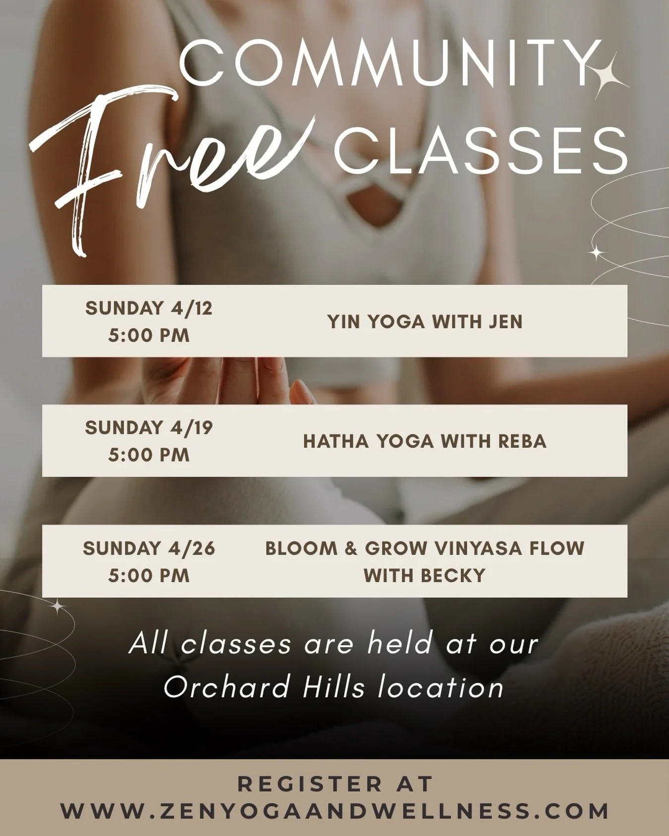 Sunday reset, but make it simple ✨

Our FREE Community Class at Orchard Hills is your chance to move, unwind and connect &mdash; no pressure, just good energy and great people 💛

Come solo or bring a friend&hellip; just don&rsquo;t miss it!! 

📆 Su