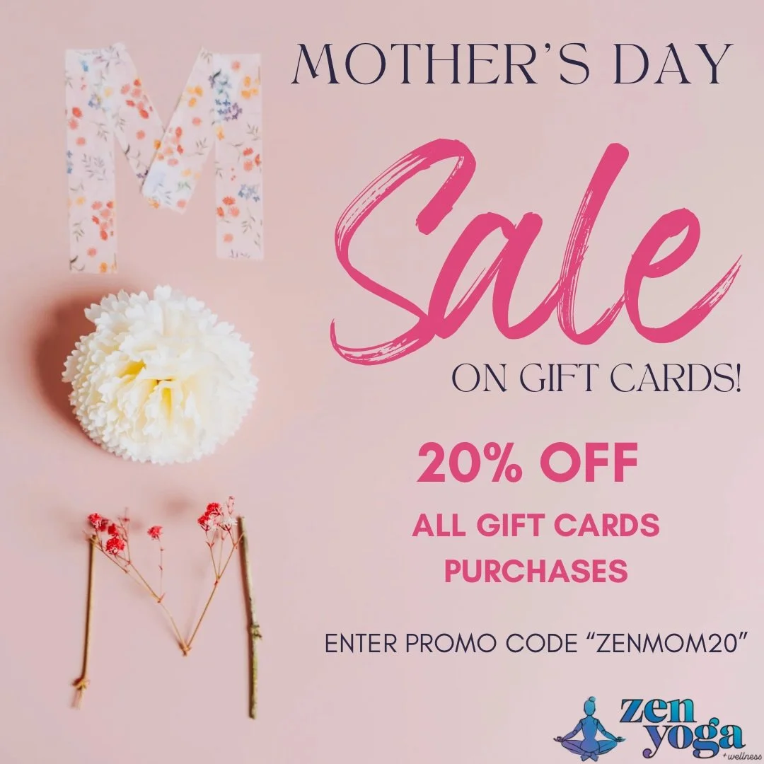 MOTHER&rsquo;S DAY SALE IS HERE💐✨

Give the gift every mom actually wants this year&hellip; time to relax, recharge, move, breathe &amp; take care of herself 💛

From Friday through Sunday, all Zen gift cards are 20% OFF!

Perfect for all moms or YO