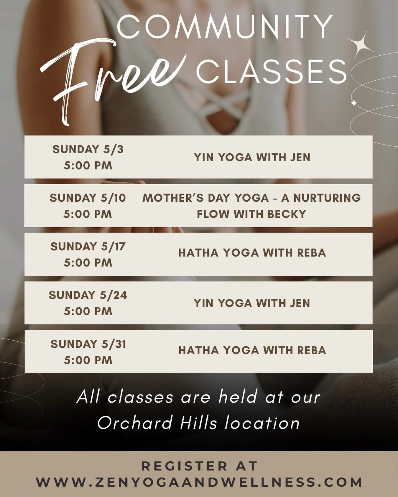 Join us all month long for our FREE Community Classes at Orchard Hills 🧘&zwj;♀️
A chance to add gentle movement into your body, clear your mind &amp; head into the week feeling just a little lighter.

No experience needed. No pressure. Just really g
