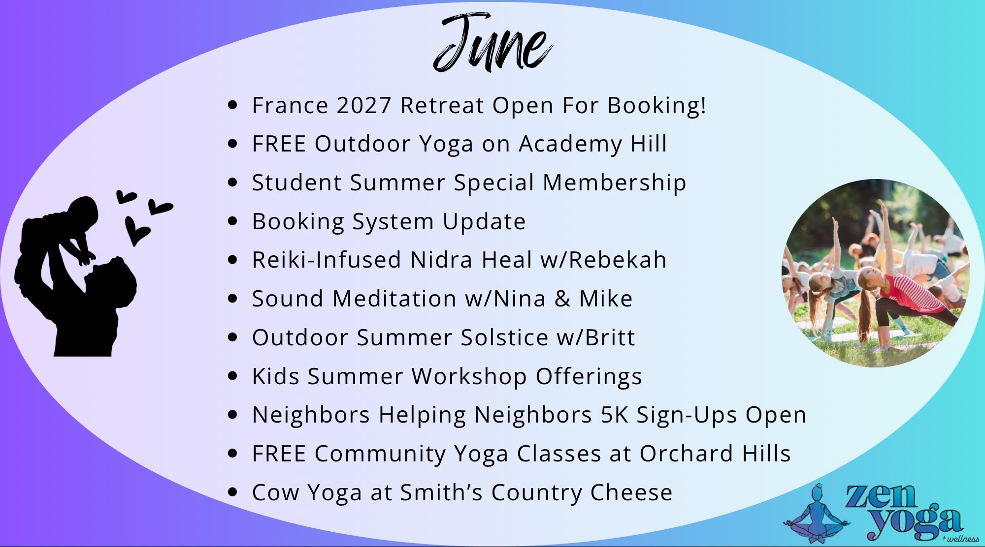 There are so many exciting things coming up at Zen this June that we couldn&rsquo;t wait to share them with you💛

From FREE outdoor yoga and community classes to workshops, retreats, summer specials, kids offerings, cow yoga, and more&hellip; there&