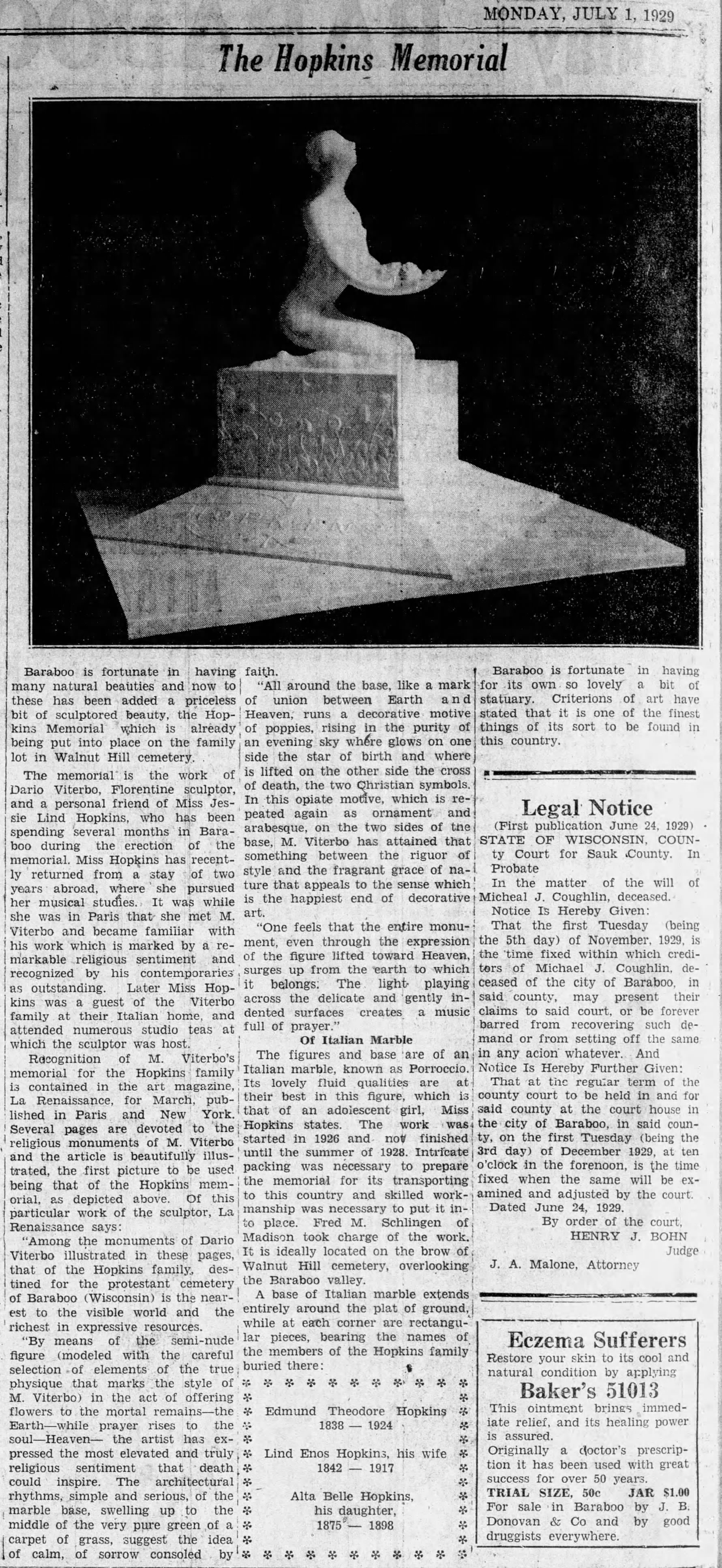 A newspaper clipping from July 1, 1929, featuring a photograph of the Hopkins Memorial, a sculpture of a seated kneeling woman on a rectangular pedestal, with a dark background.