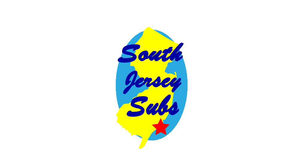 Logo with a blue map of New Jersey, yellow background, and the text 'South Jersey Subs' in blue cursive, with a red star at the bottom.