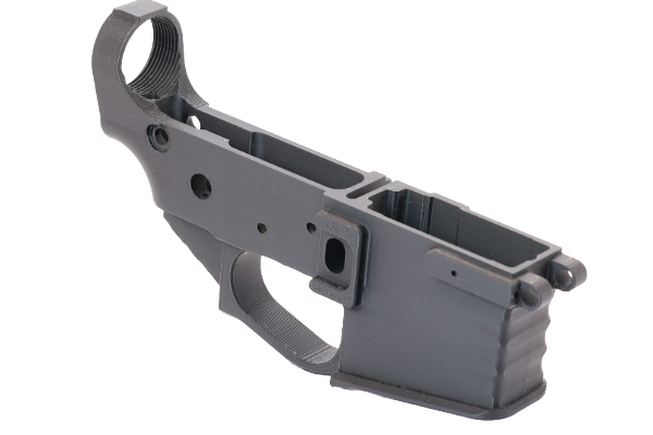 Unassembled firearm frame component in gray color prototype
