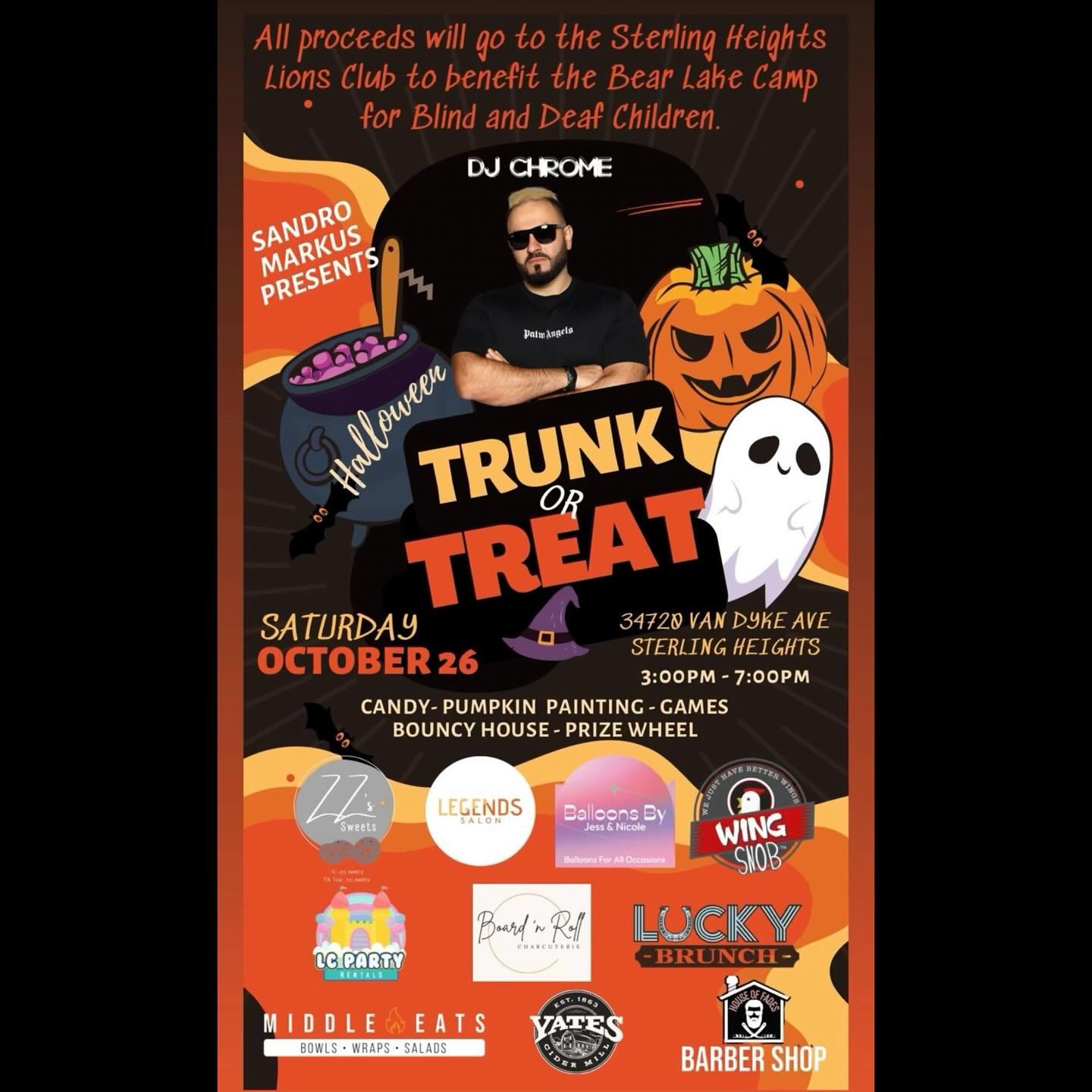 Join us on 10/26! 🎃👻🍭

*All proceeds will go to the Sterling Heights Lions Club to benefit the Bear Lake Camp for Blind &amp; Deaf Children*

#trunkortreat #halloween #sterlingheights