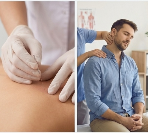 Left side: doctor giving acupuncture treatment. Right side: man receiving neck massage from a therapist in a clinical setting.