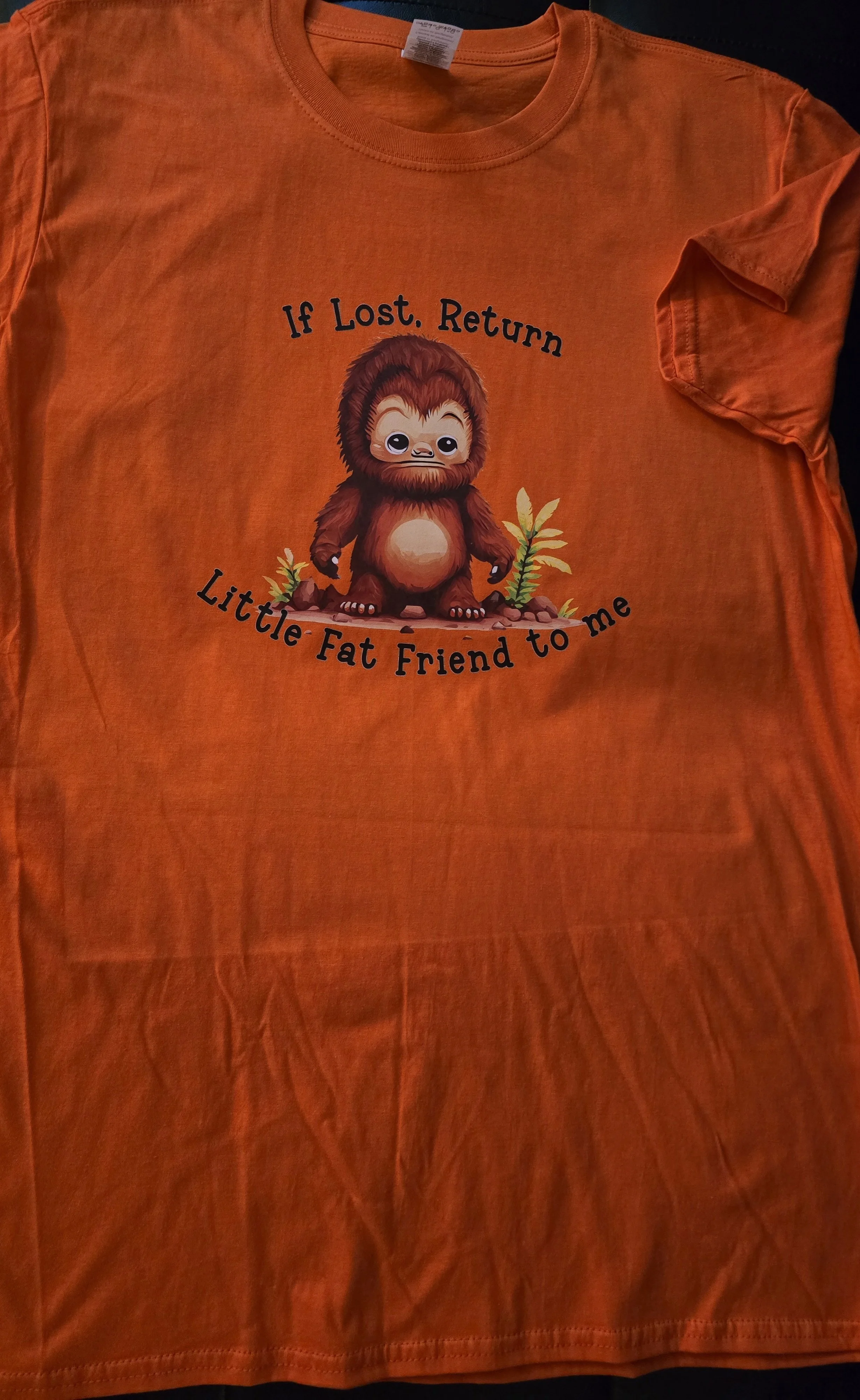 Orange T-shirt with a cartoon sloth and the text: 'If Lost, Return Little-Fat Friend to me'.