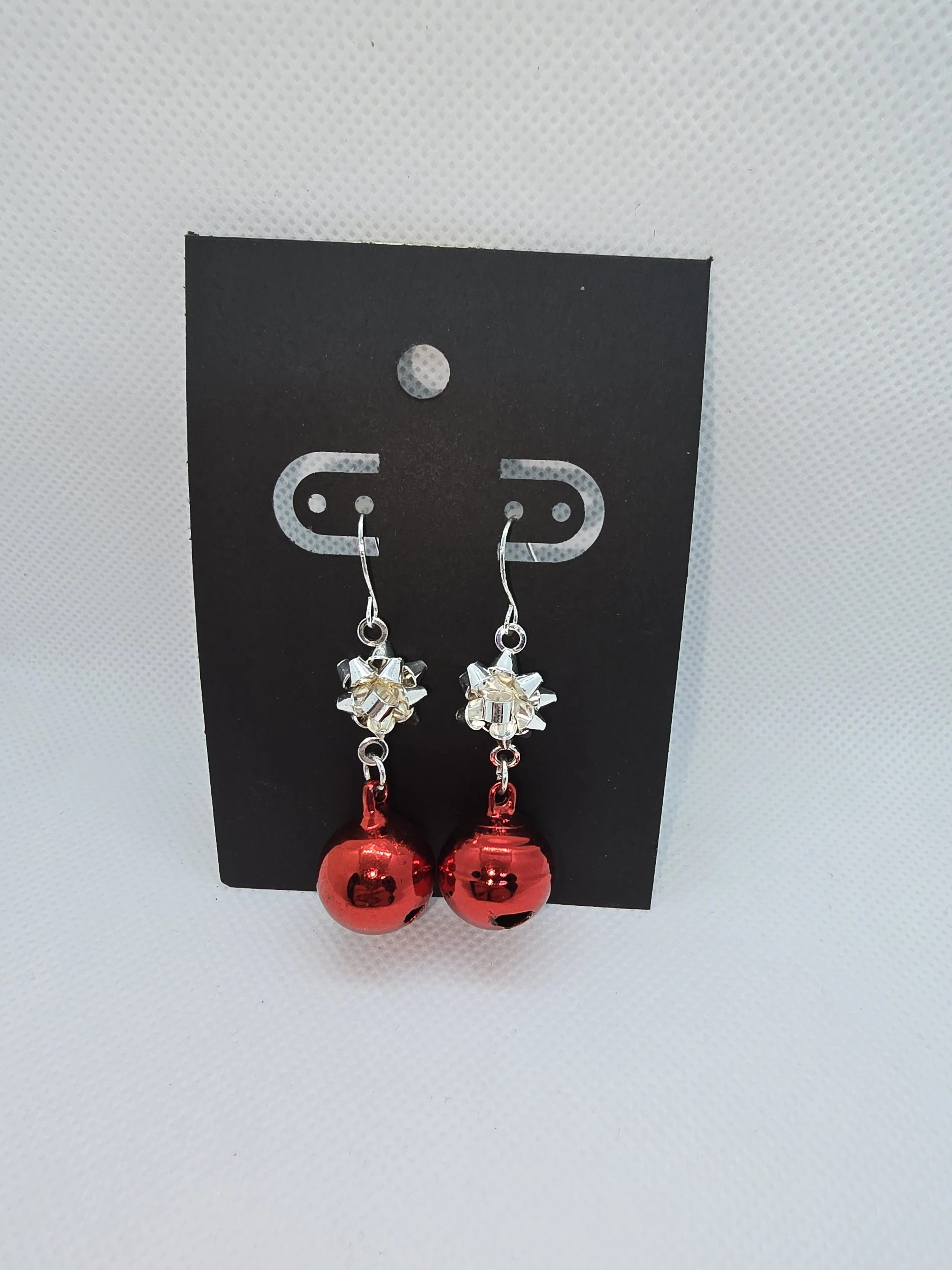 Red Bell with Silver Bow Holiday Earrings