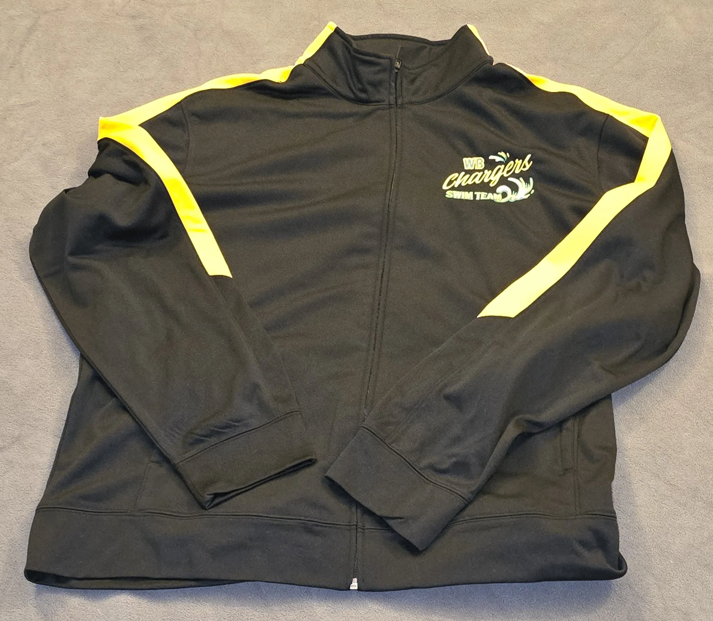 Black and yellow sports jacket with team logo and text for WB Chargers Swim Team on the chest.