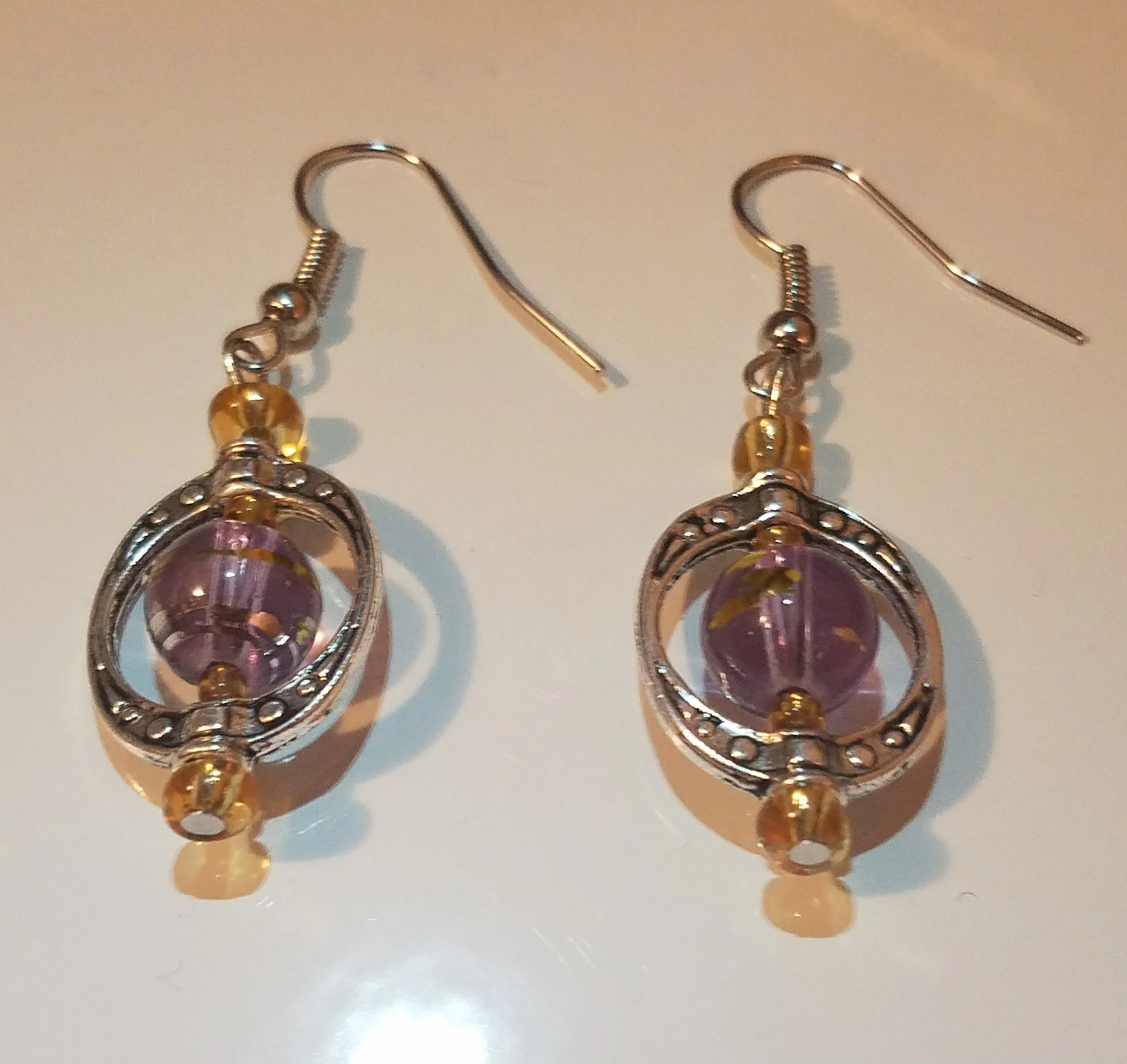 Purple, Gold & Silver Dangle Earrings