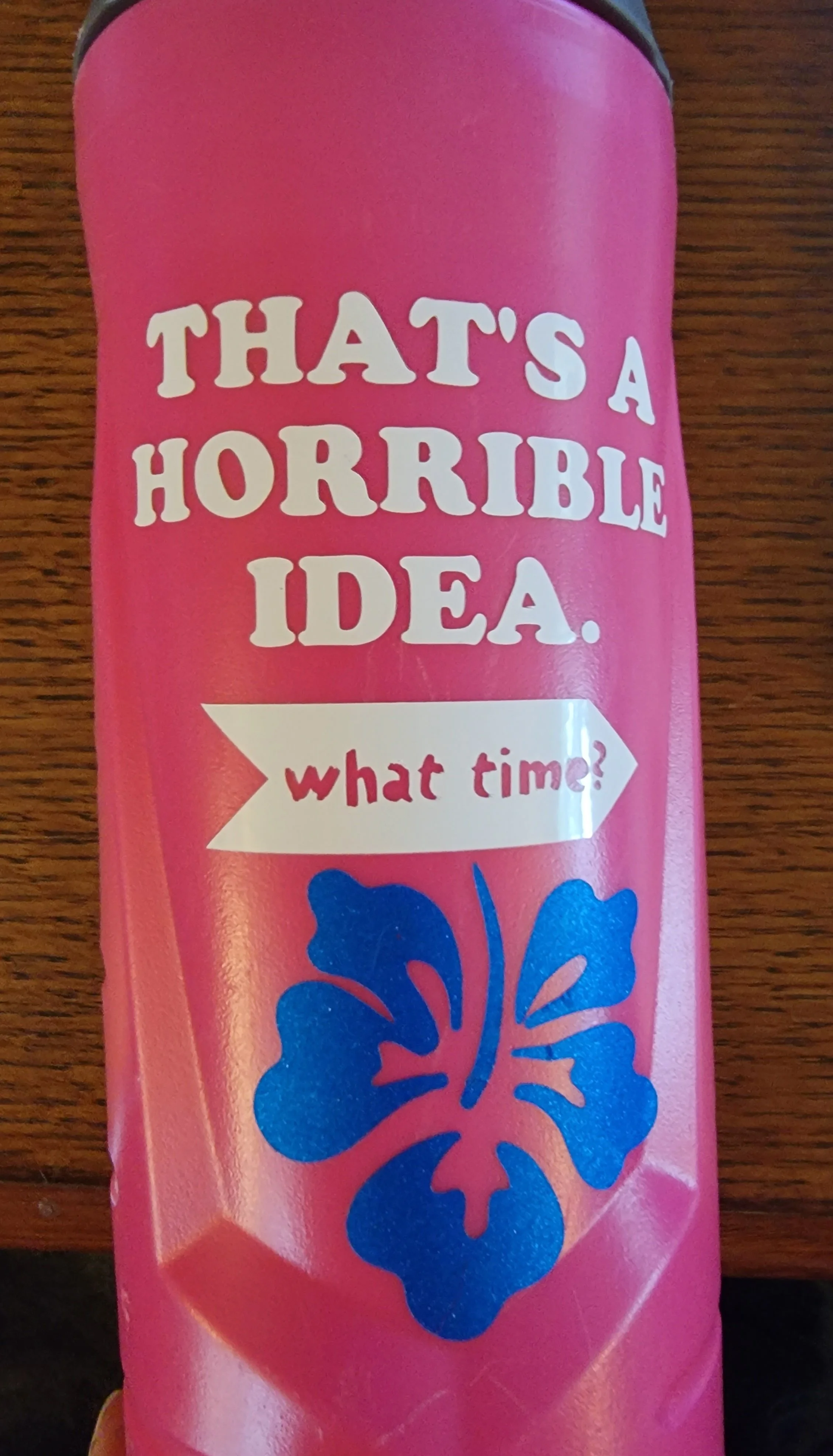 Pink can with white and red text that says "That's a horrible idea. What time?" and a blue hibiscus flower design.
