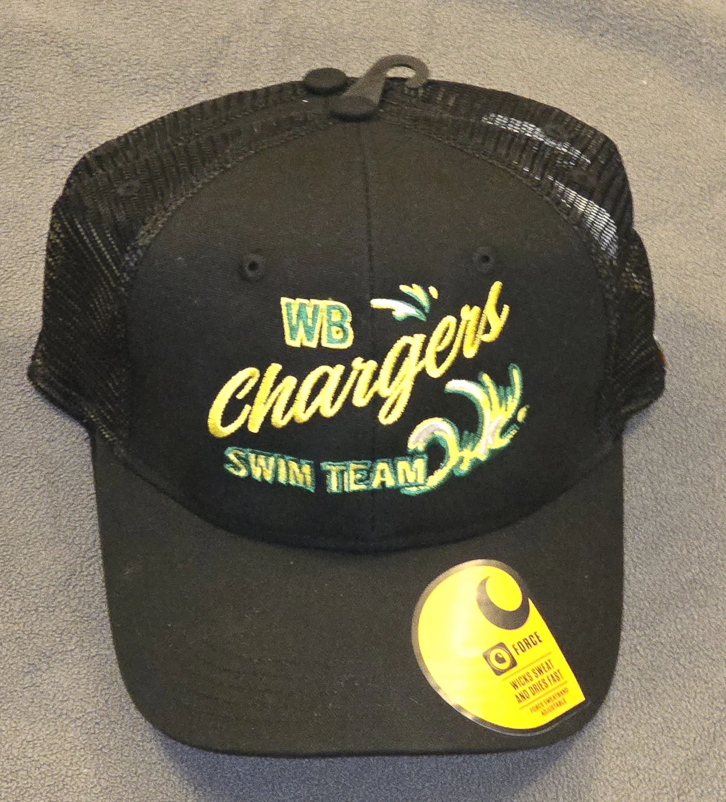 Black trucker style cap with mesh back, embroidered with yellow and teal text that reads "WB Charters Swim Team" along with a teal wave graphic, and a yellow sticker on the brim.