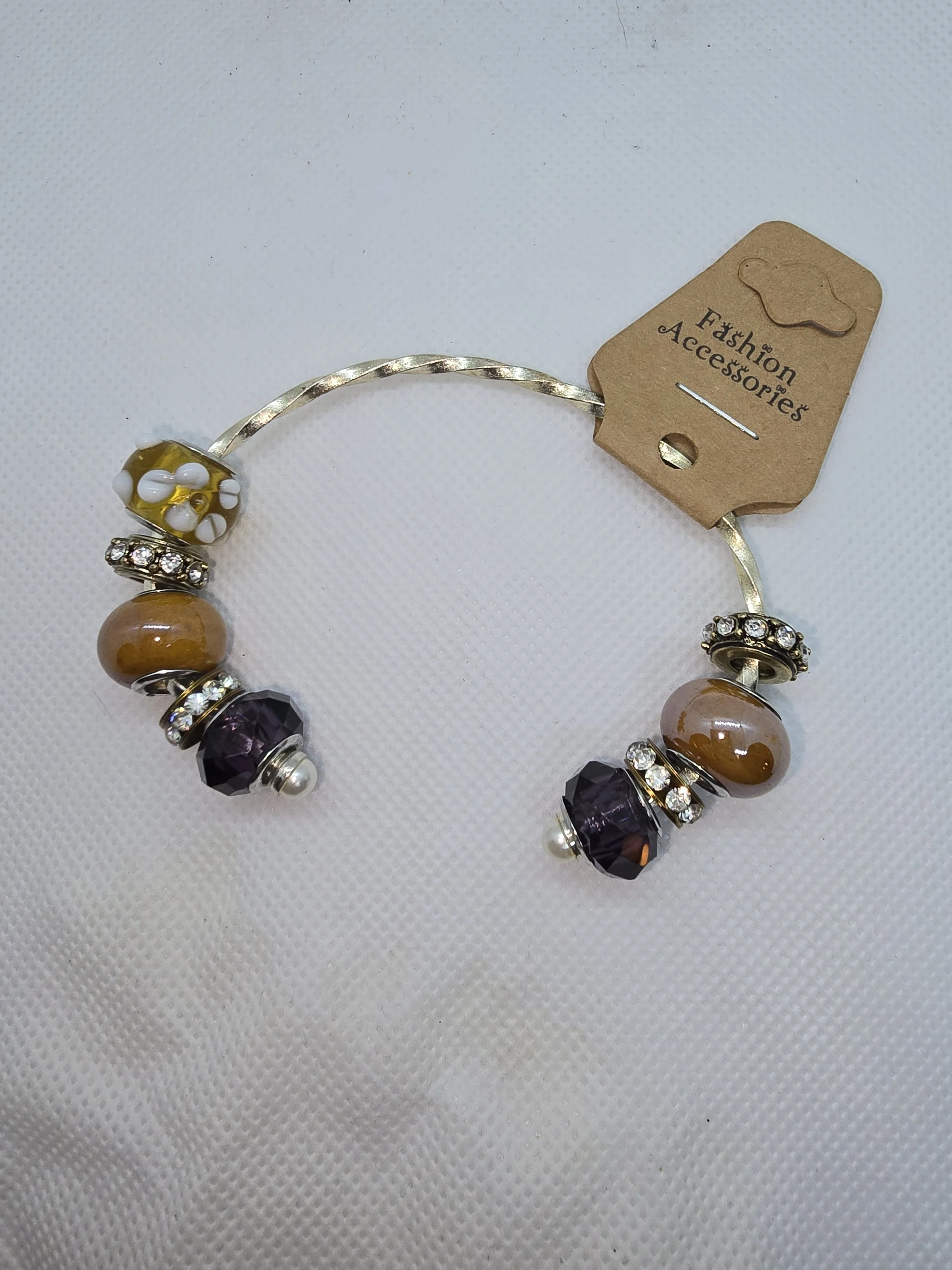 Purple, Tan & Silver Beaded Bangle Bracelet