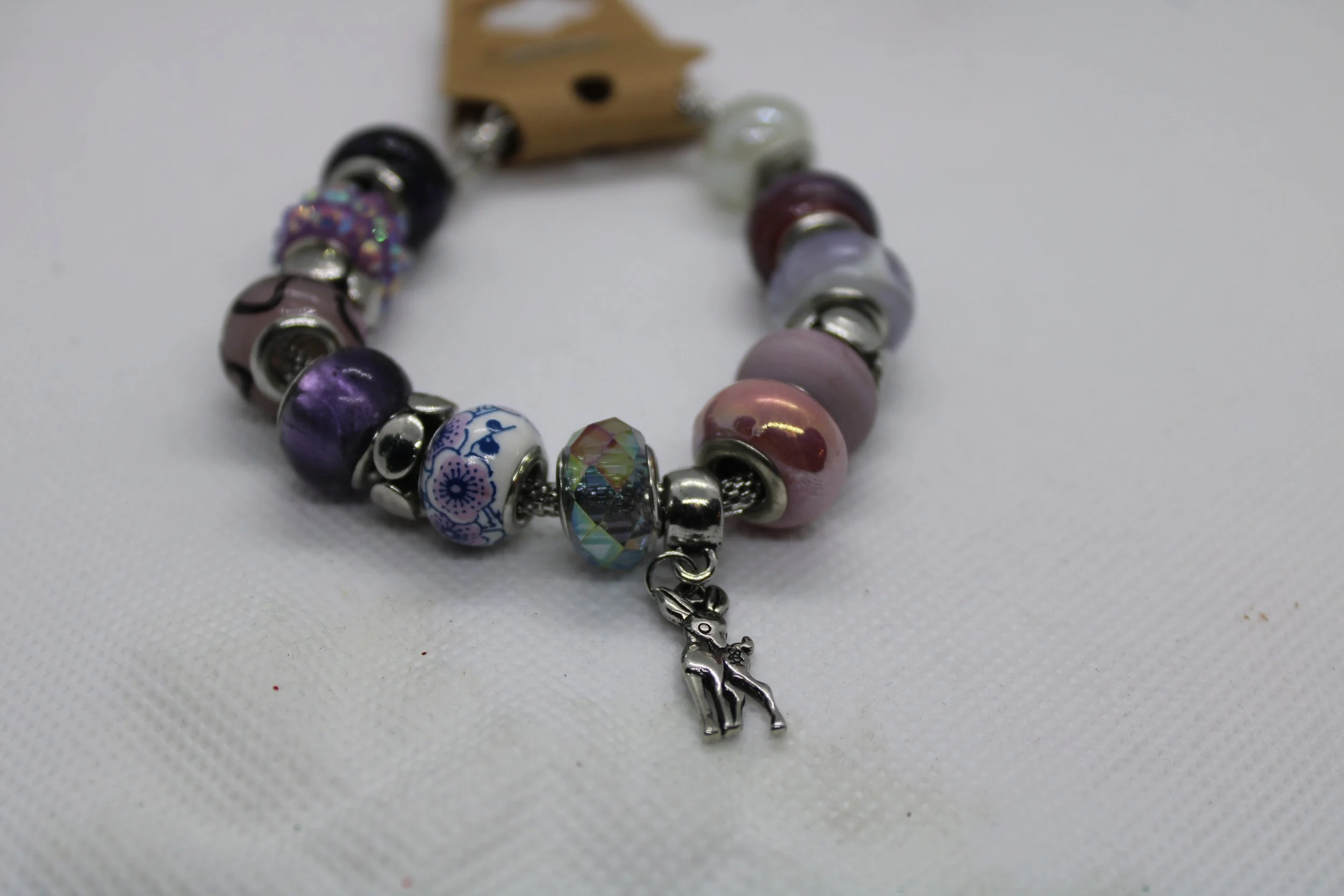 Purple & Silver Beaded Bracelet with Deer Charm