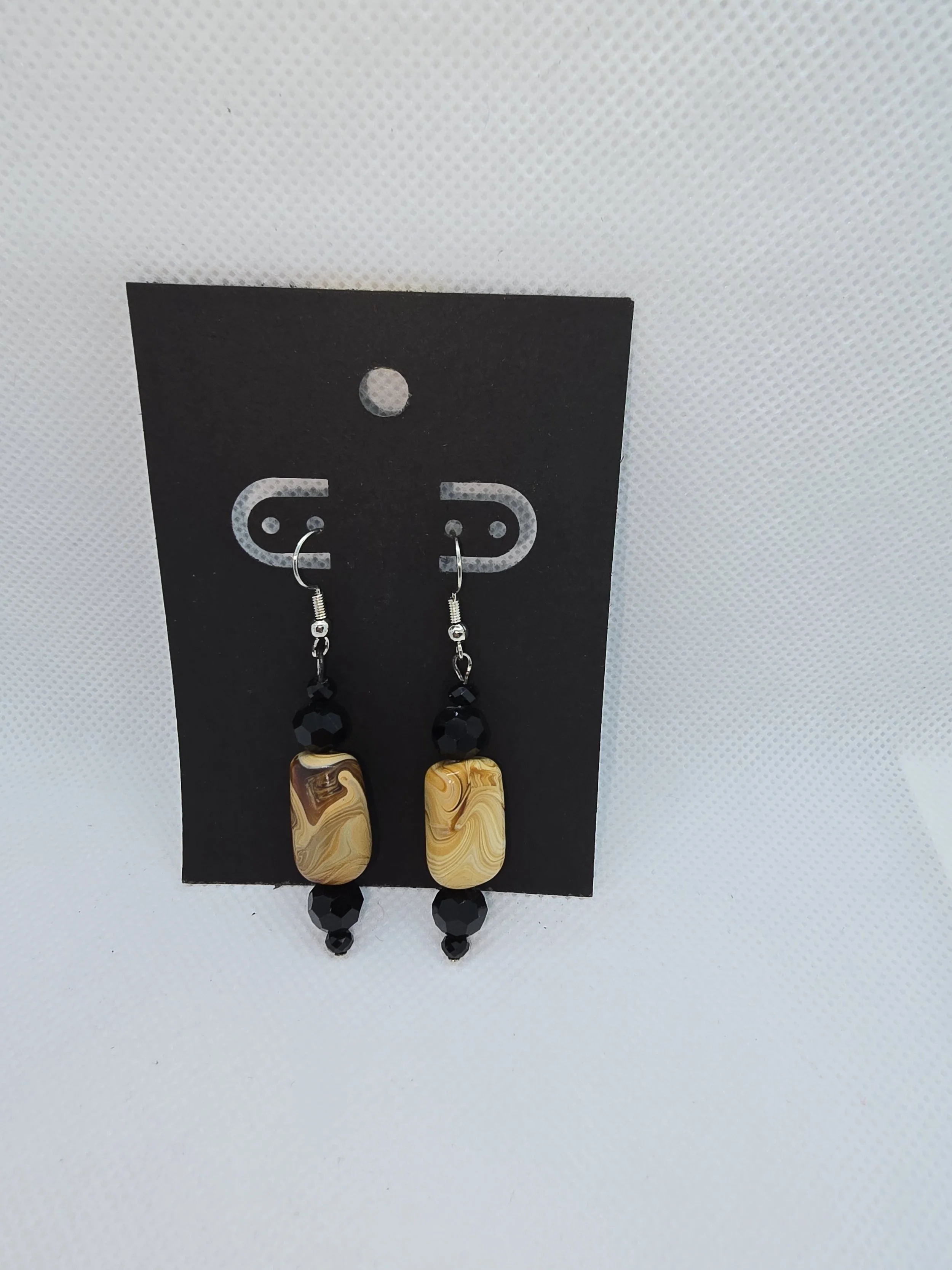 Black Crystal & Tan Stone Hanging Earrings